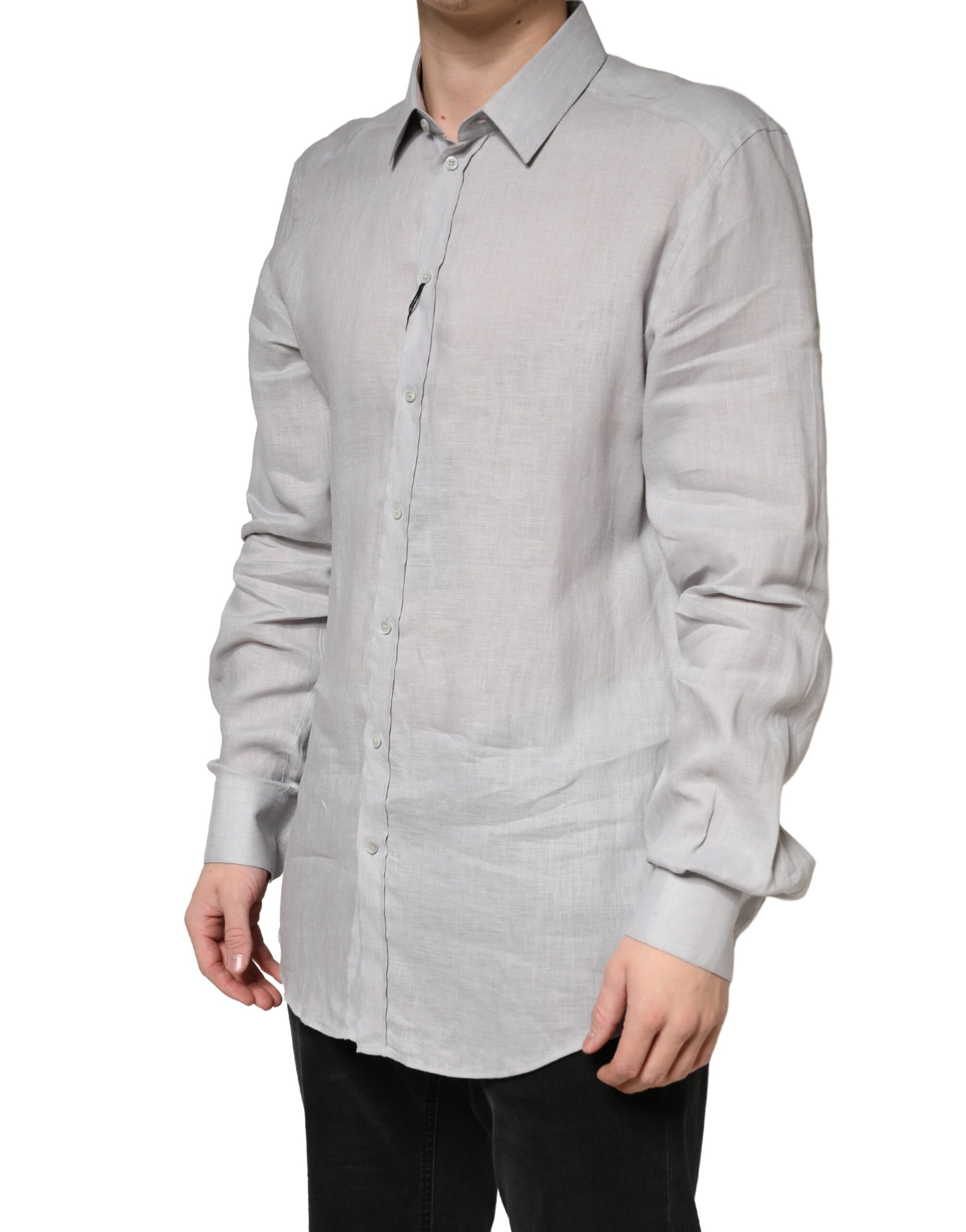 Dolce & Gabbana Gray GOLD Linen Long Sleeves Dress Men Shirt | Regal Royce