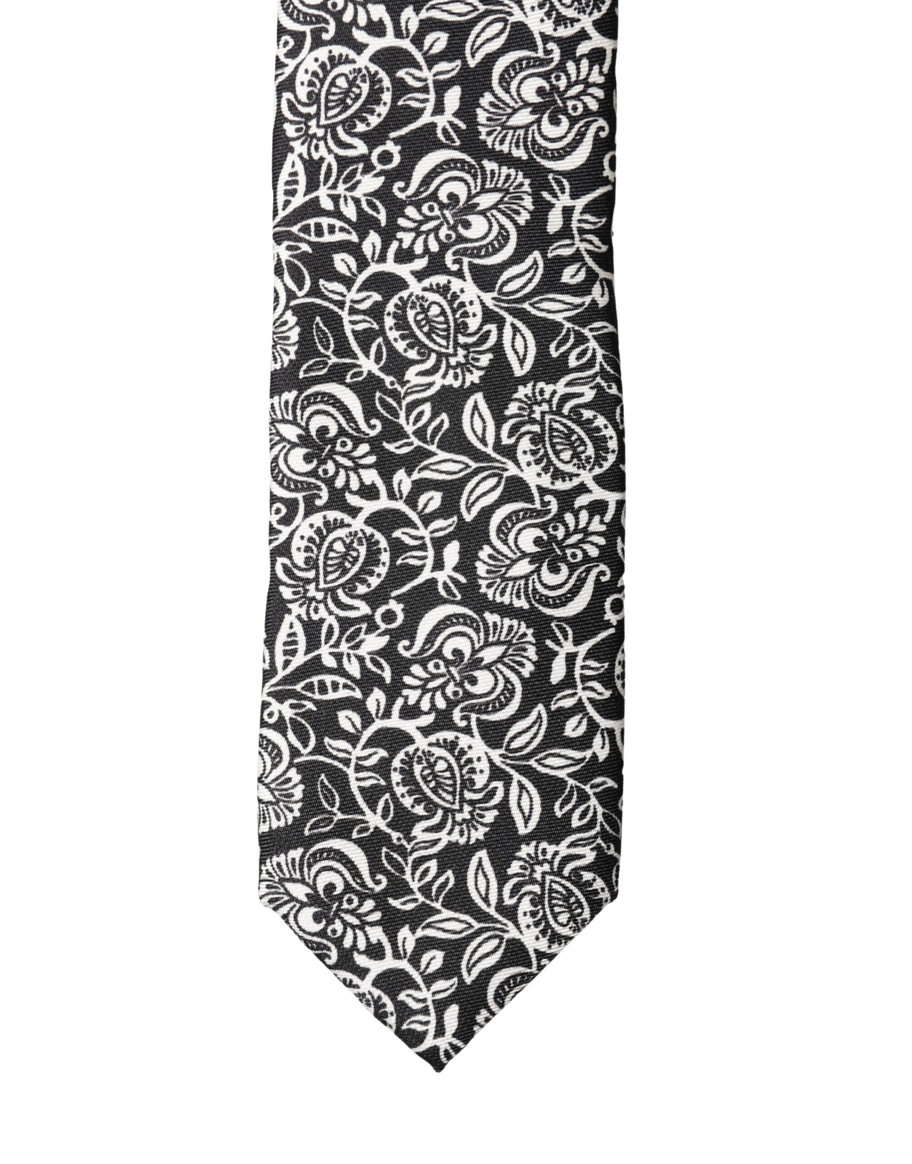 Dolce & Gabbana Black White Floral Fantasy Silk Adjustable Necktie Tie | Regal Royce