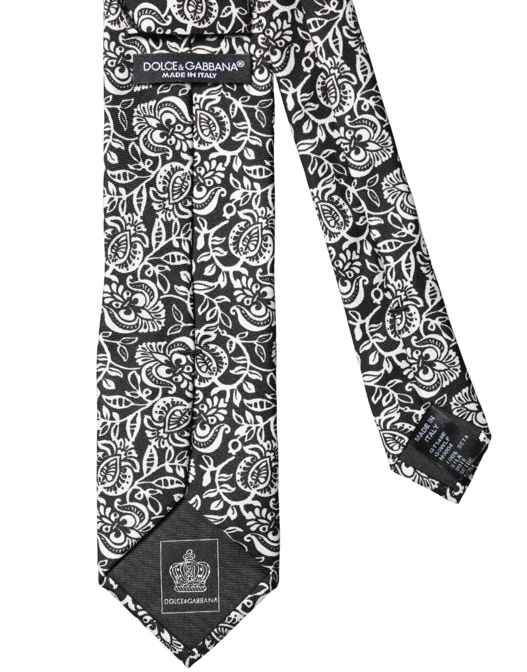 Dolce & Gabbana Black White Floral Fantasy Silk Adjustable Necktie Tie | Regal Royce