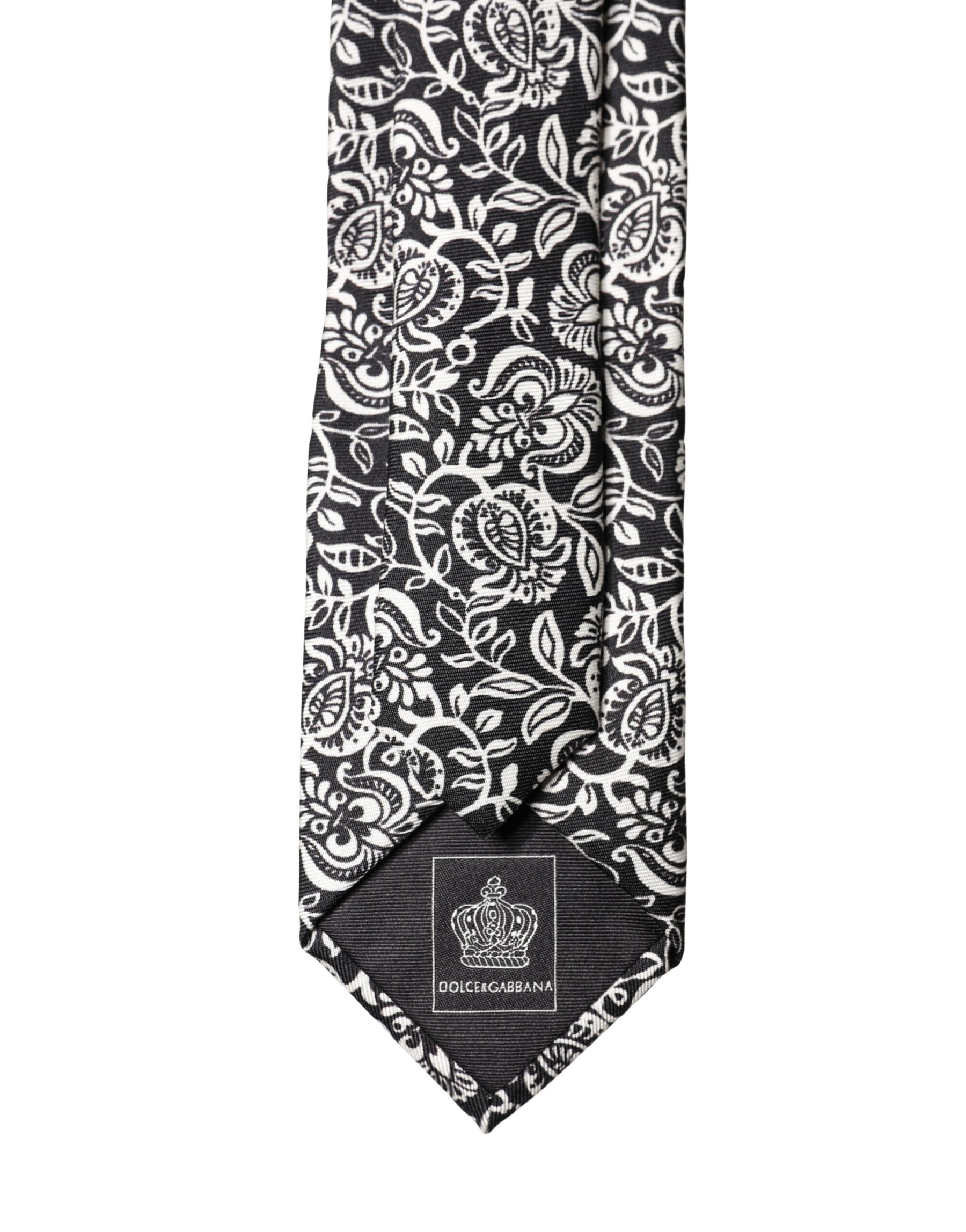 Dolce & Gabbana Black White Floral Fantasy Silk Adjustable Necktie Tie | Regal Royce