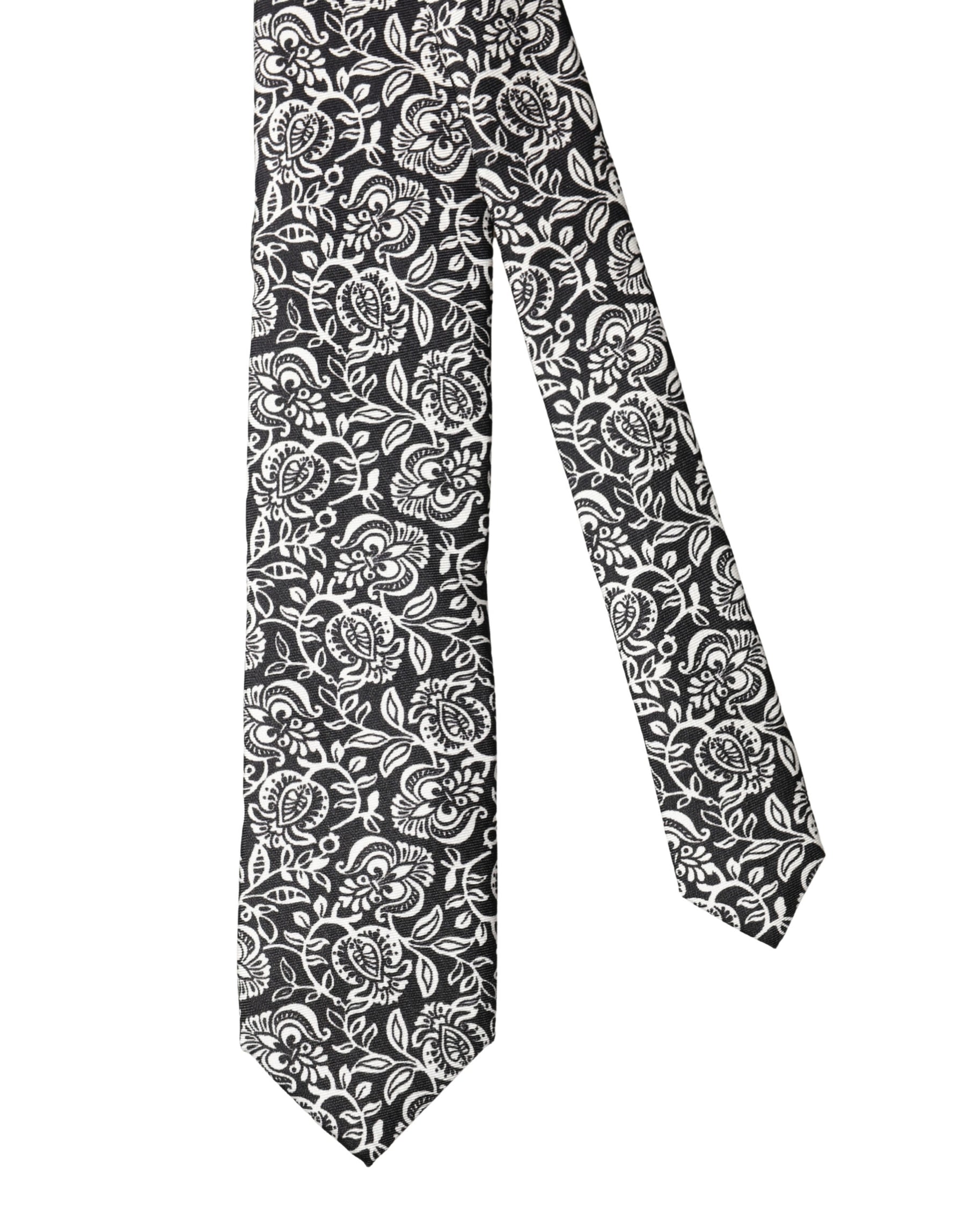 Dolce & Gabbana Black White Floral Fantasy Silk Adjustable Necktie Tie | Regal Royce