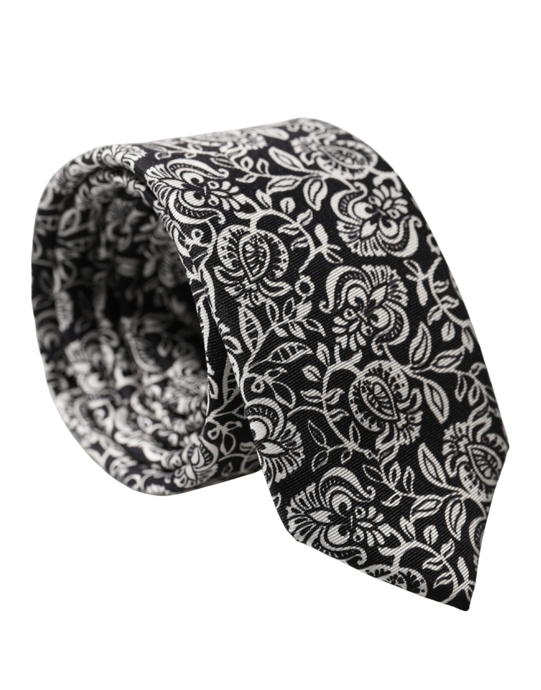 Dolce & Gabbana Black White Floral Fantasy Silk Adjustable Necktie Tie | Regal Royce