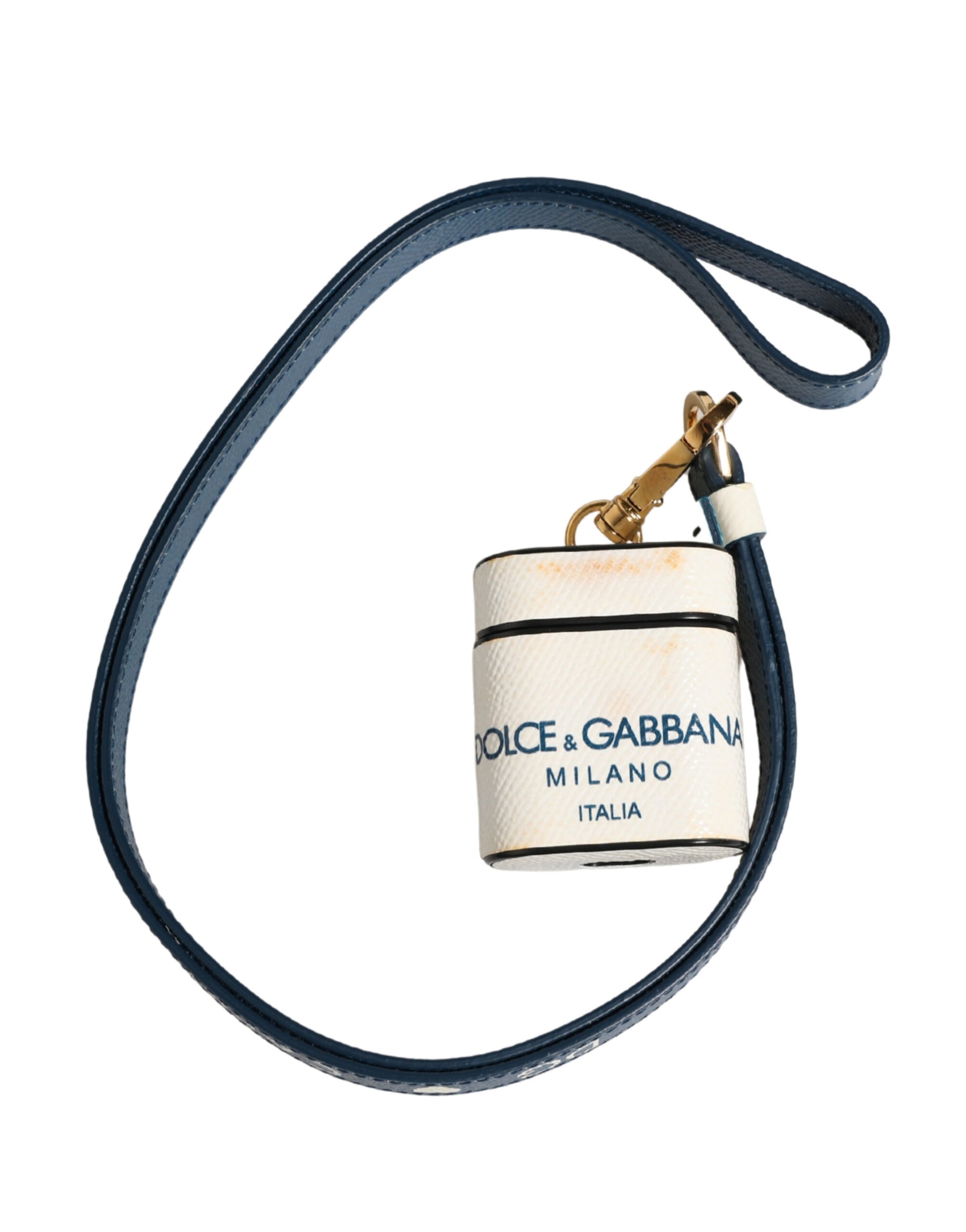 Dolce & Gabbana White Calf Leather Logo Flip Holder Strap Airpods Case | Regal Royce