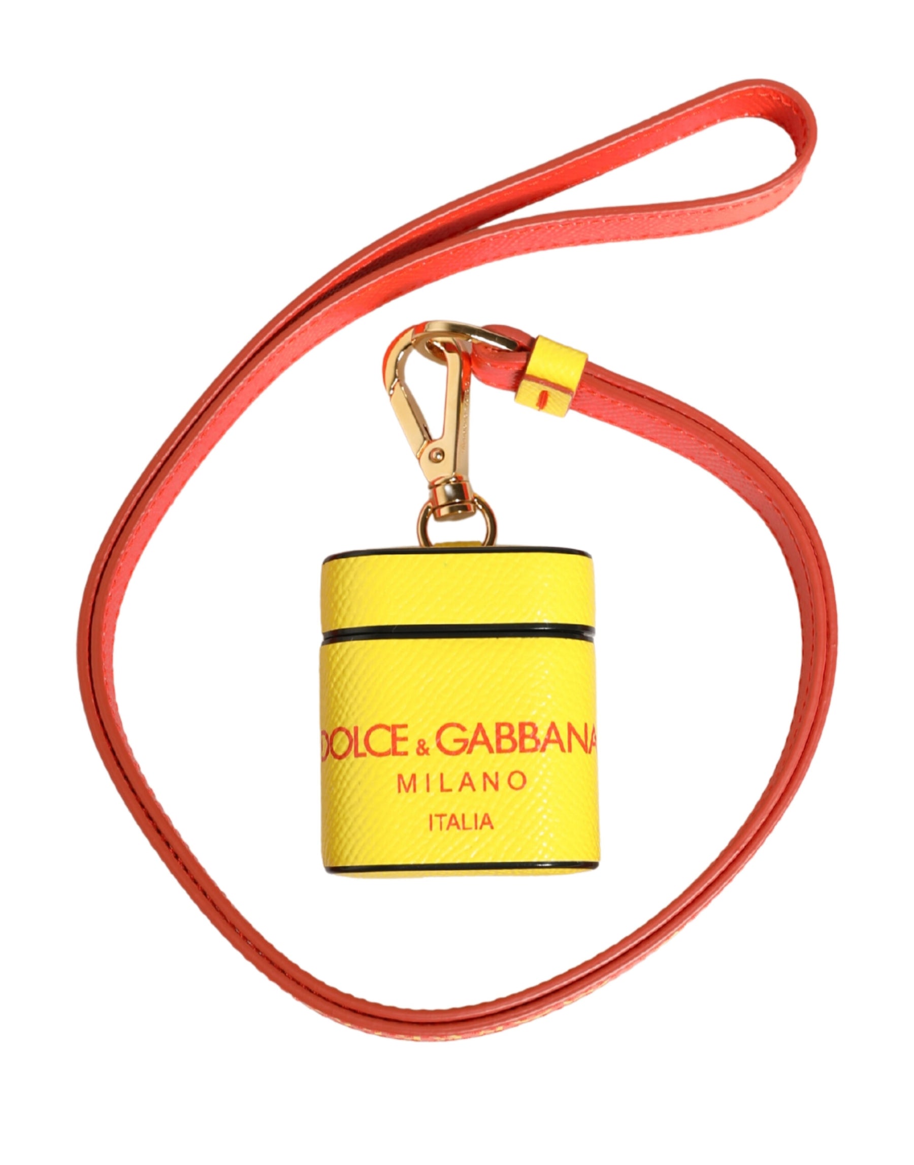 Dolce & Gabbana Yellow Calf Leather Logo Flip Holder Strap Airpods Case | Regal Royce