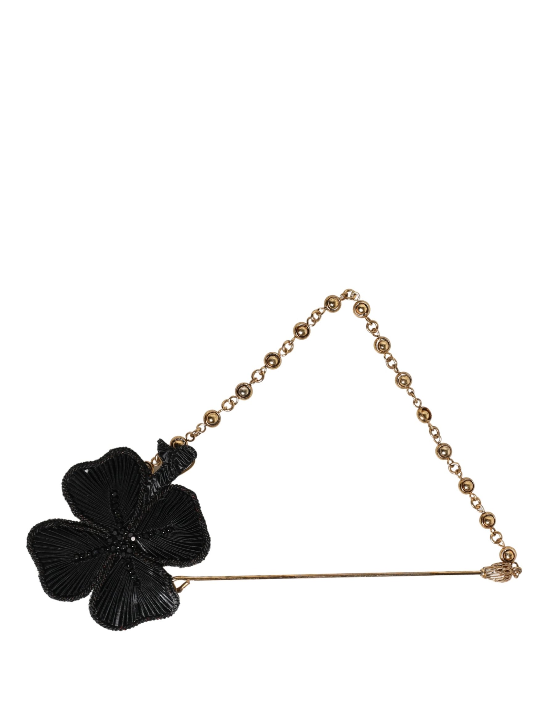 Dolce & Gabbana Black Gold Brass Crystal Chain Women Lapel Pin Brooch | Regal Royce
