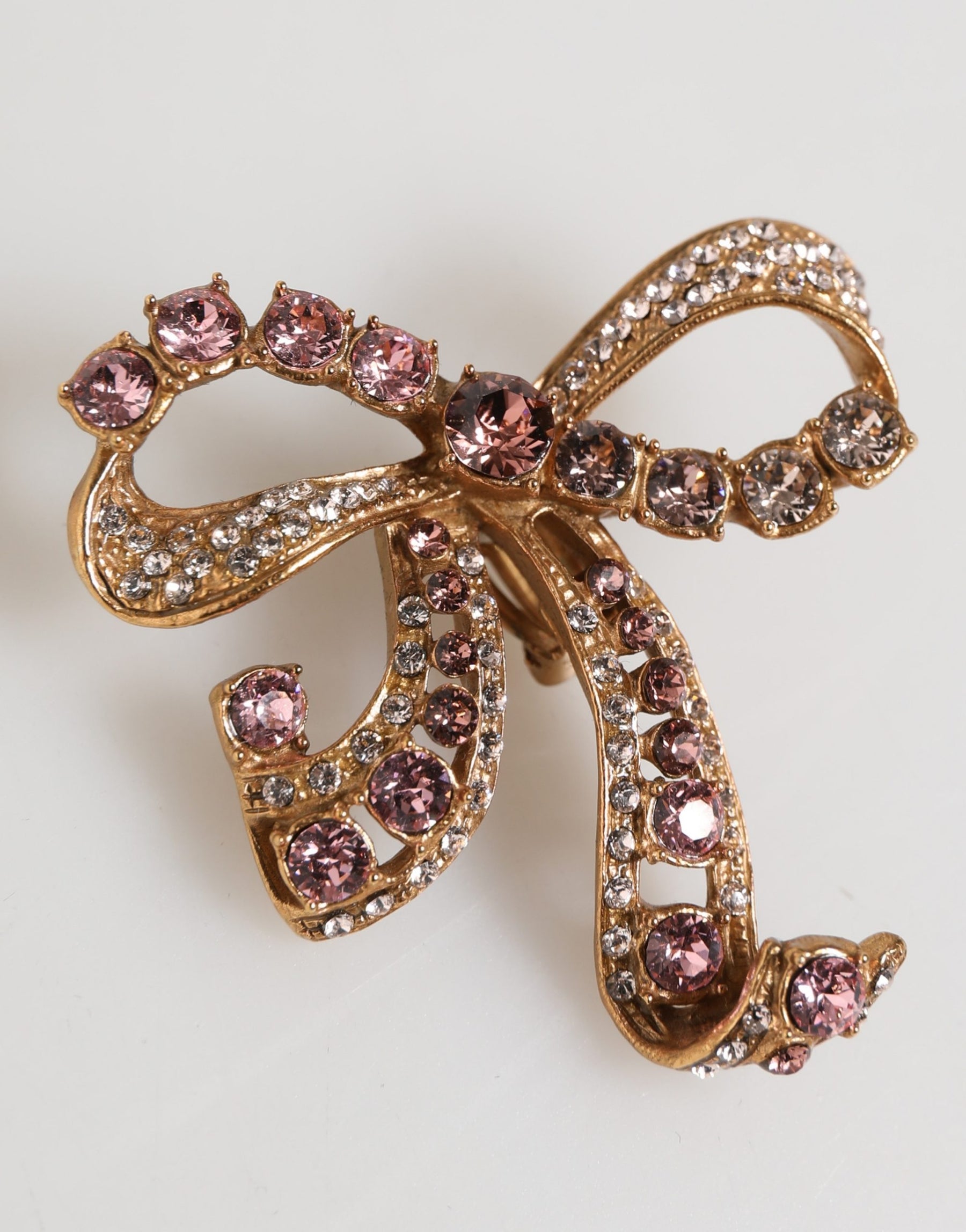 Dolce & Gabbana Gold Brass Pink Clear Crystal Bow Fiocchi Christmas  Earrings | Regal Royce