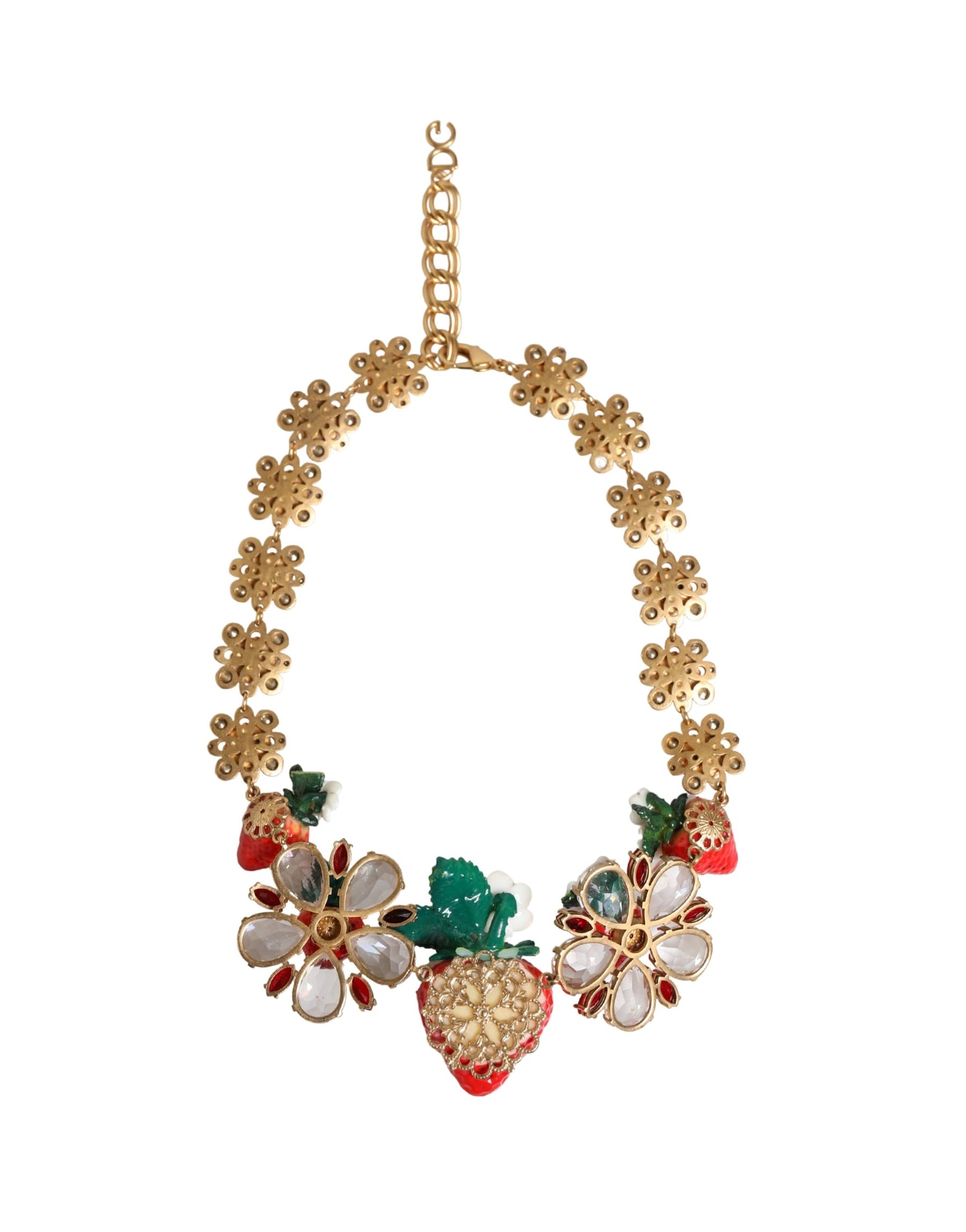 Dolce & Gabbana Gold Brass FRUIT Pendants Flowers Crystal Logo Necklace | Regal Royce