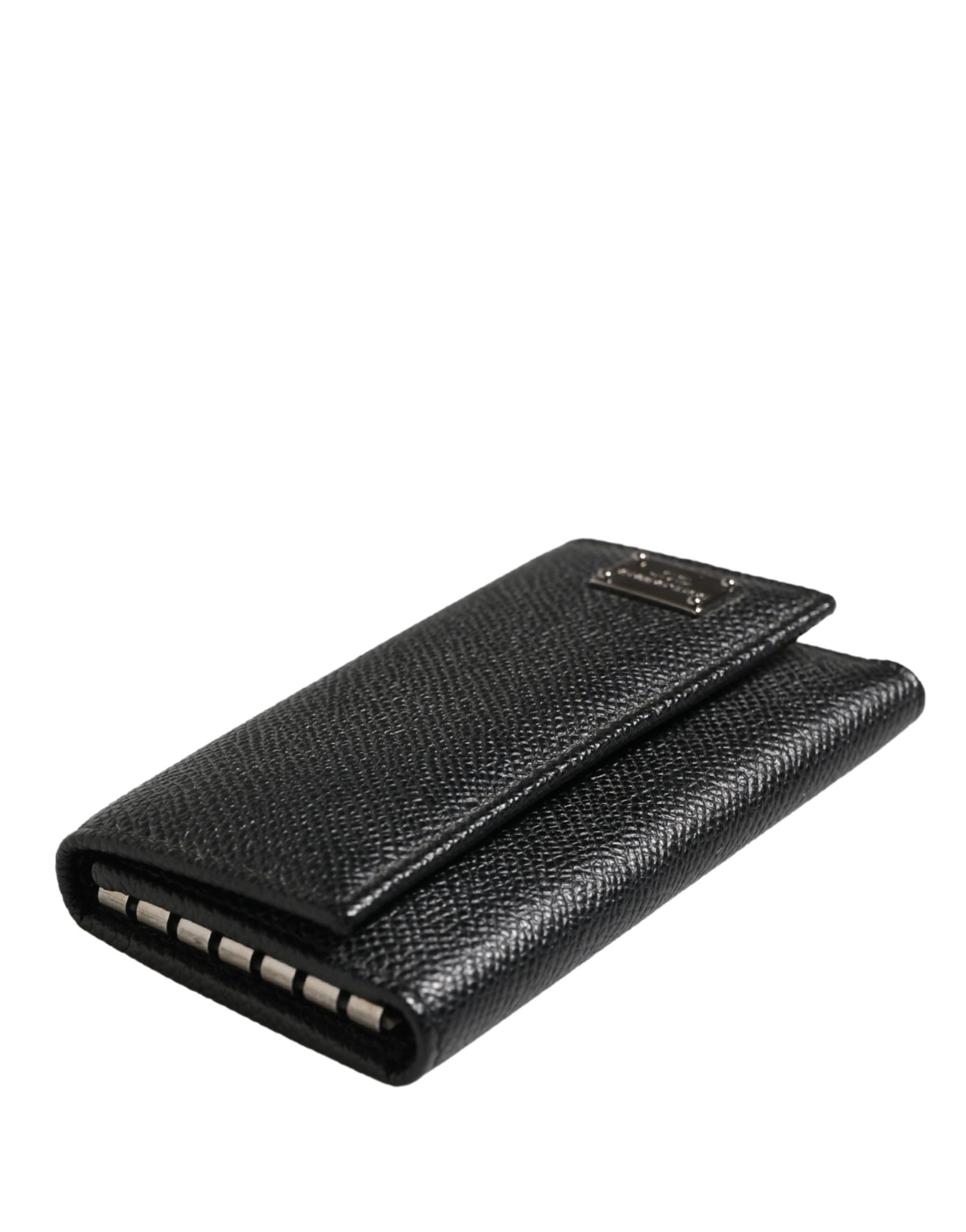 Dolce & Gabbana Black Leather Silver Metal Logo Plaque Trifold Keyring | Regal Royce