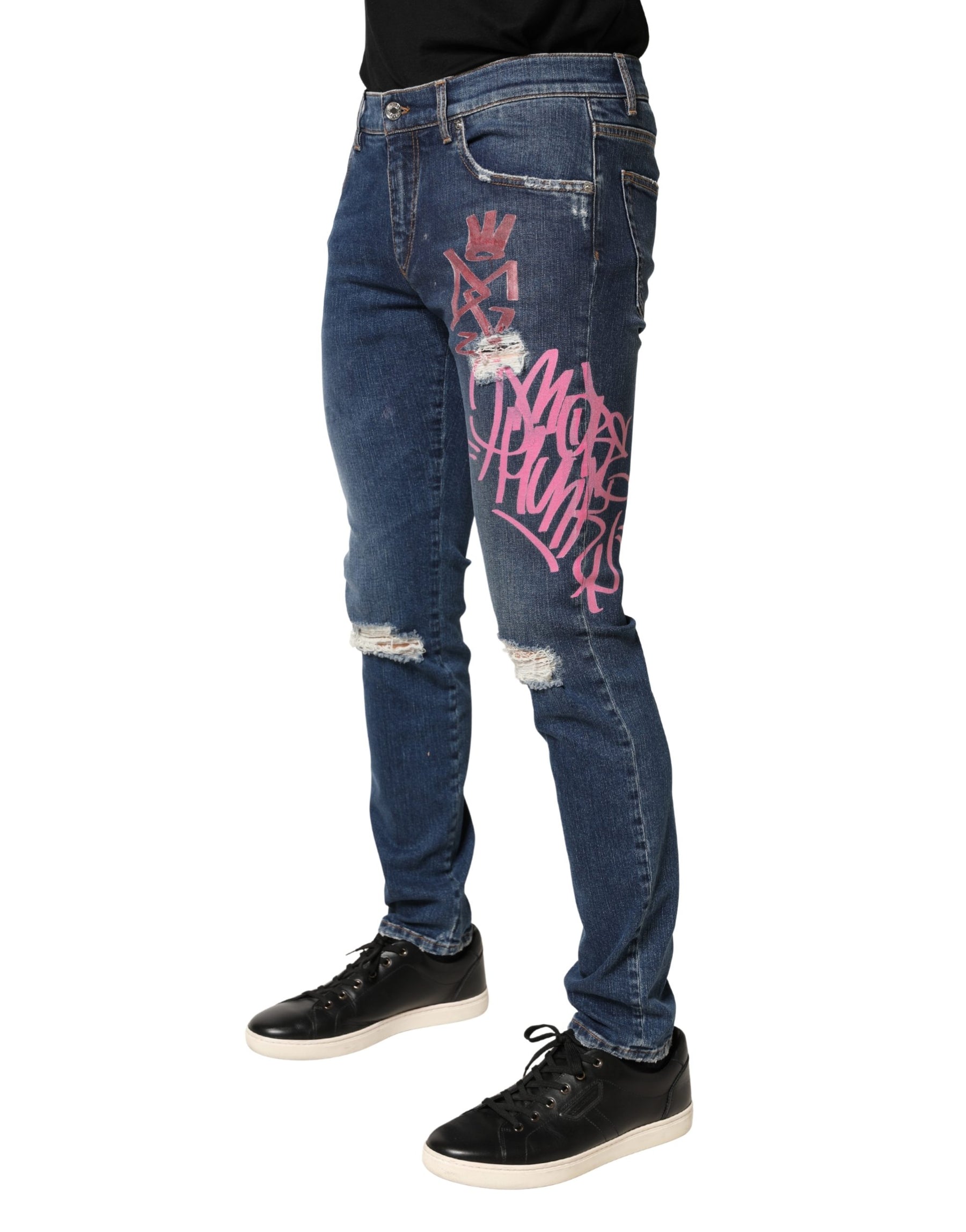 Dolce & Gabbana Blue Distressed Graffiti Print Skinny Jeans | Regal Royce