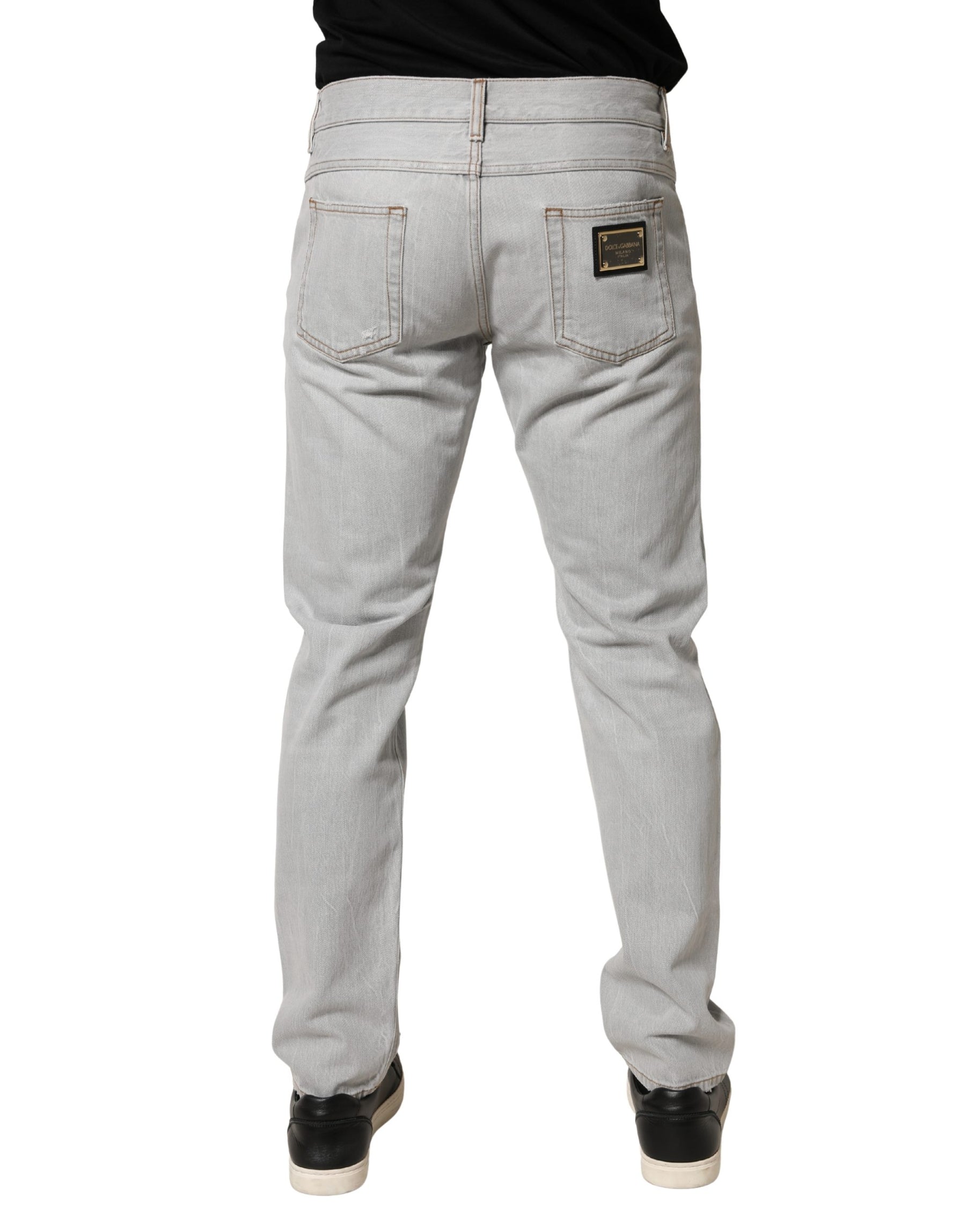 Dolce & Gabbana Light Gray Ripped Cotton Regular Denim Jeans | Regal Royce
