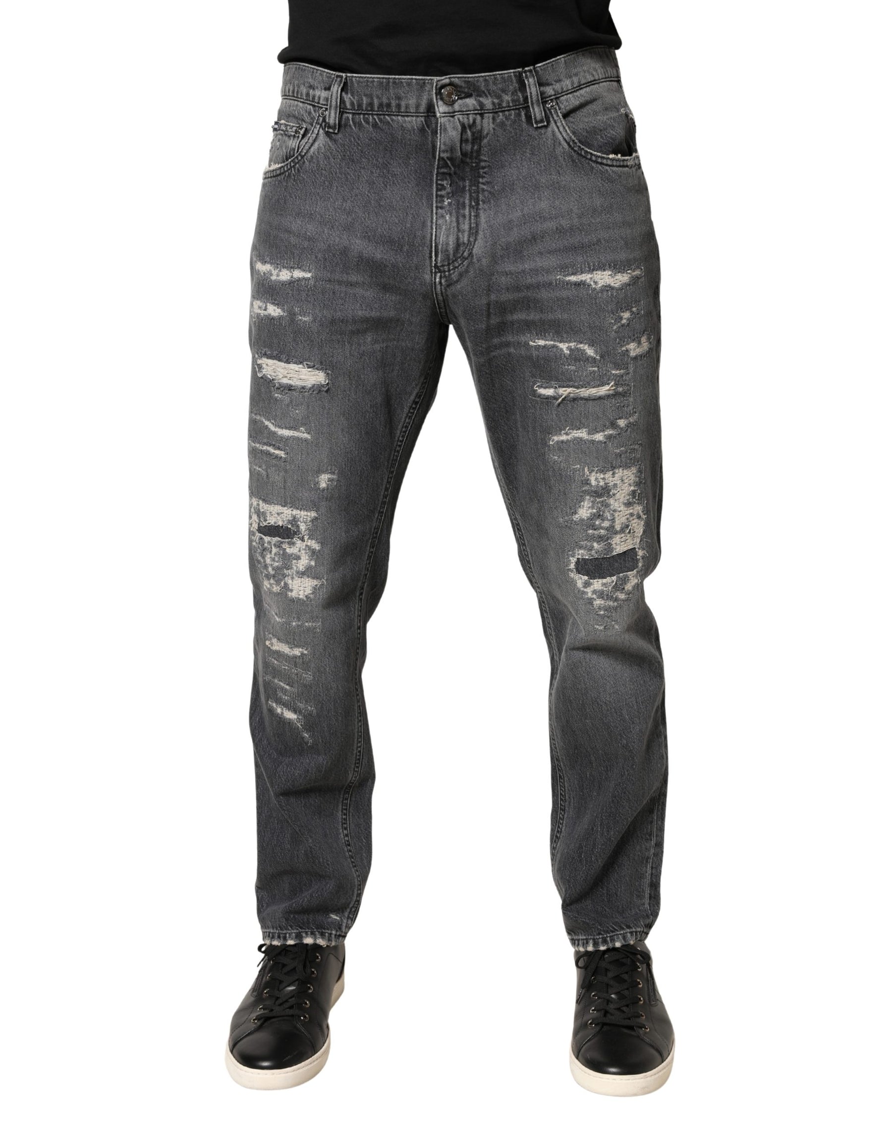 Dolce & Gabbana Dark Gray Tattered Cotton Loose Denim Jeans | Regal Royce