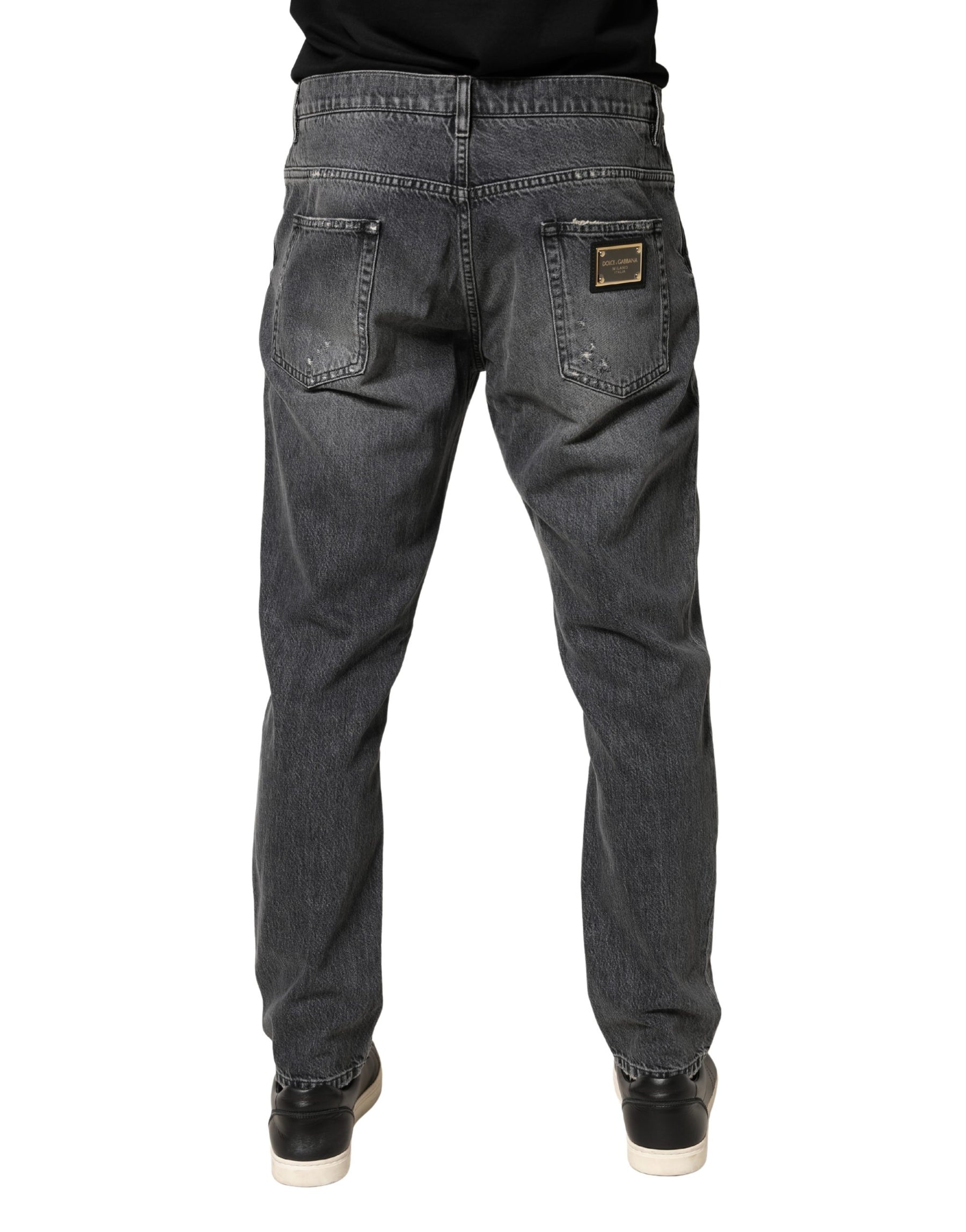 Dolce & Gabbana Dark Gray Tattered Cotton Loose Denim Jeans | Regal Royce