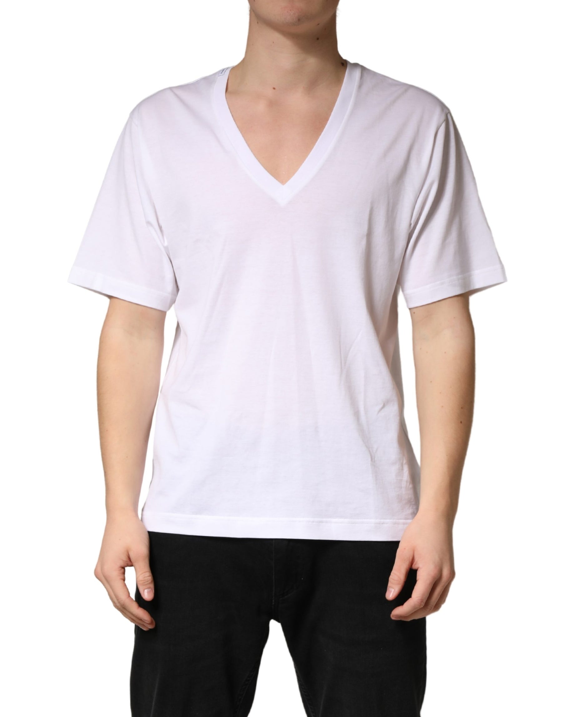 Dolce & Gabbana White Cotton Plain V-Neck Men Shirt T-shirt | Regal Royce