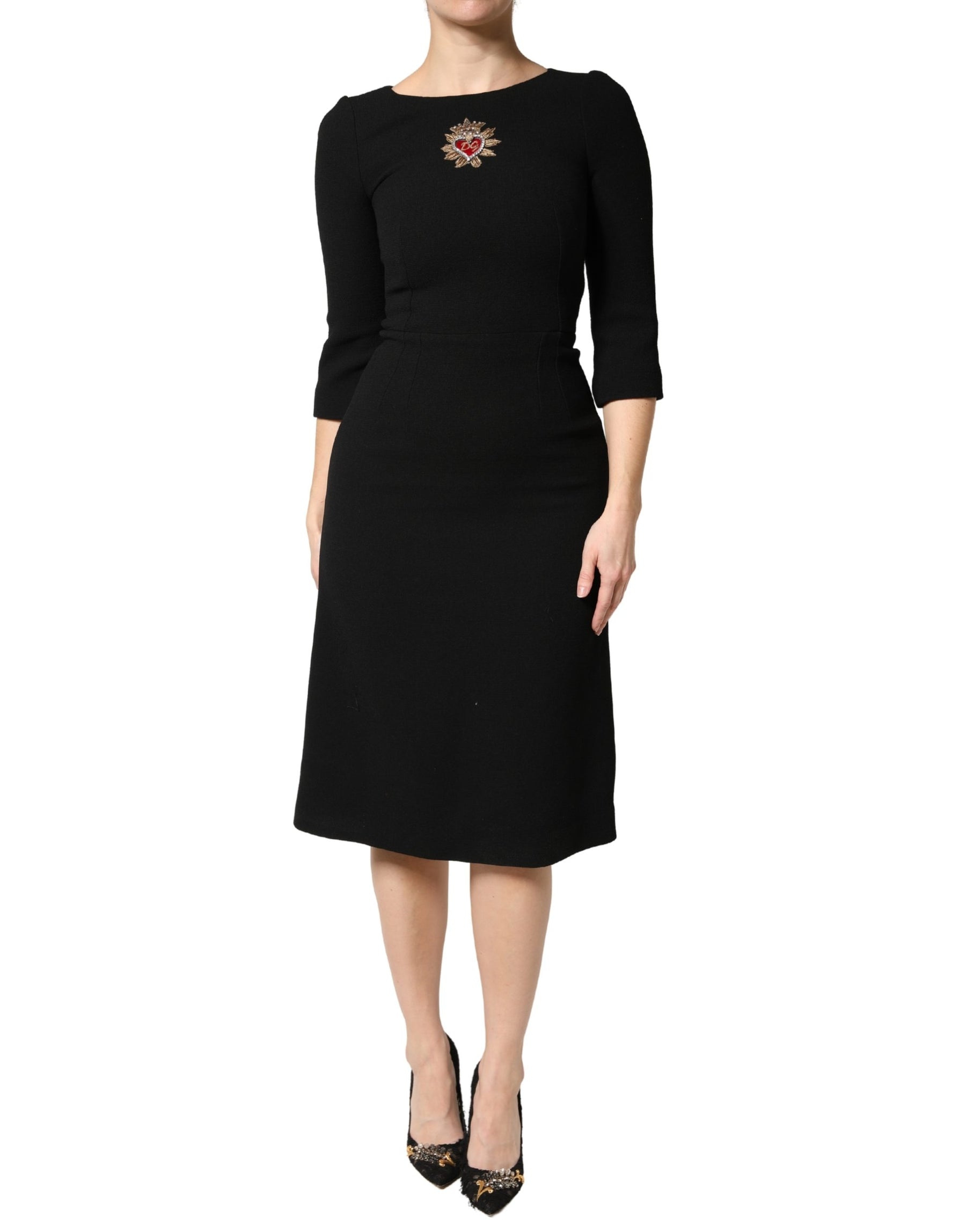 Dolce & Gabbana Black Wool Sacred Heart Patch Midi Dress | Regal Royce
