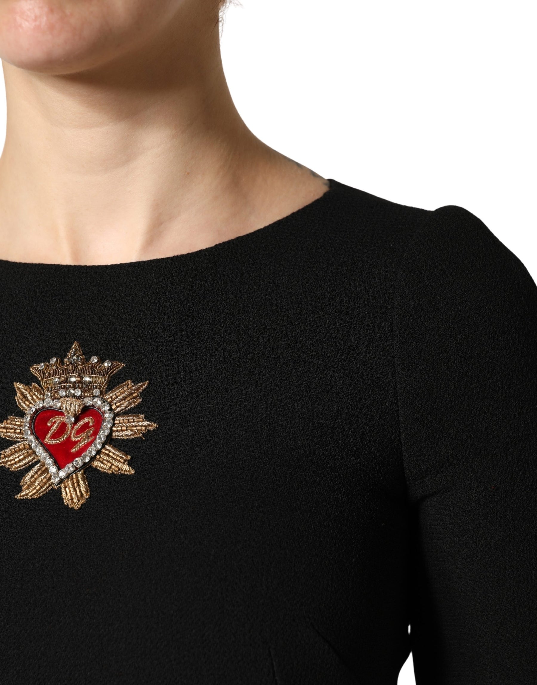 Dolce & Gabbana Black Wool Sacred Heart Patch Midi Dress | Regal Royce