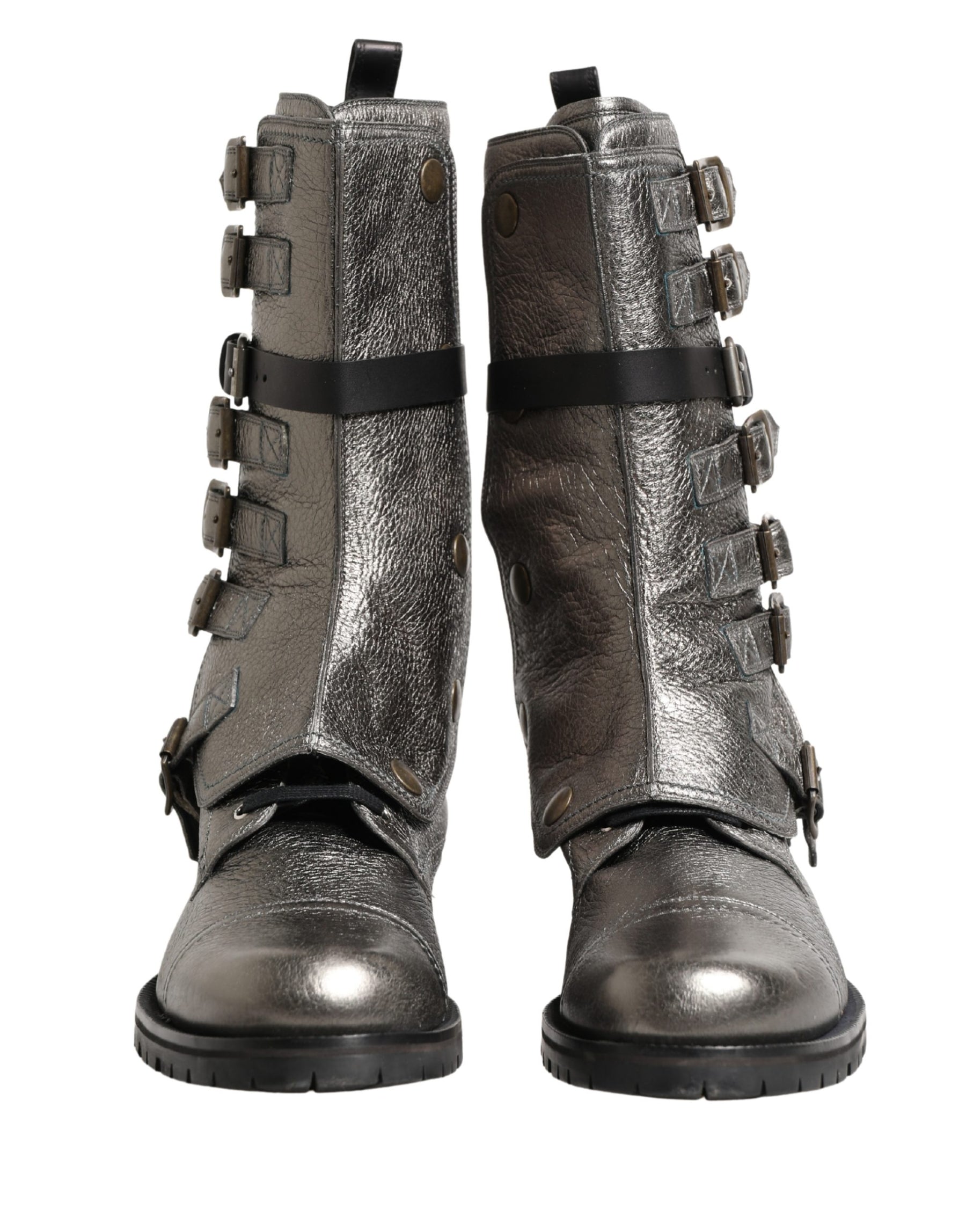 Dolce & Gabbana Metallic Silver Combat Biker Mid Calf Boots Shoes | Regal Royce