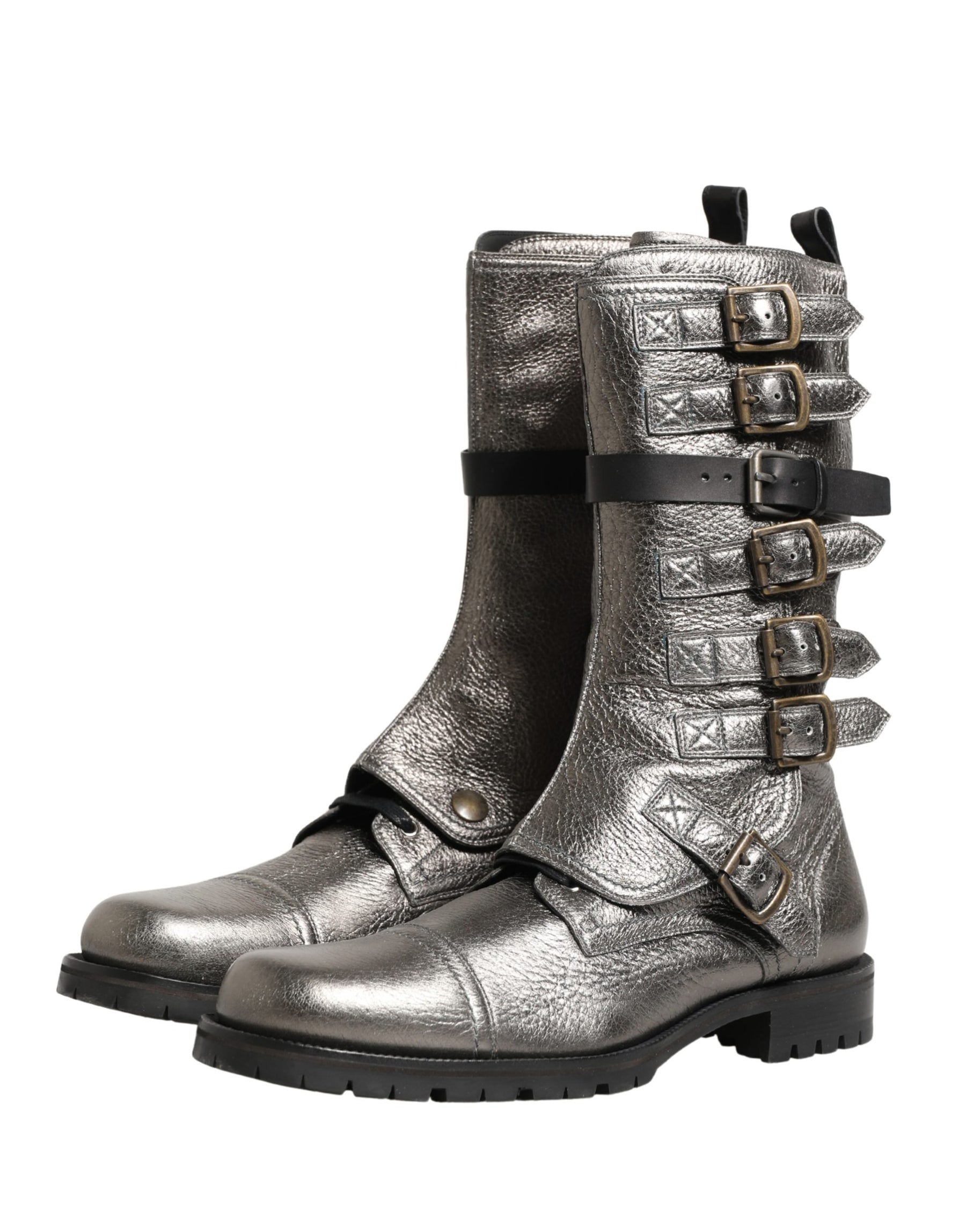 Dolce & Gabbana Metallic Silver Combat Biker Mid Calf Boots Shoes | Regal Royce