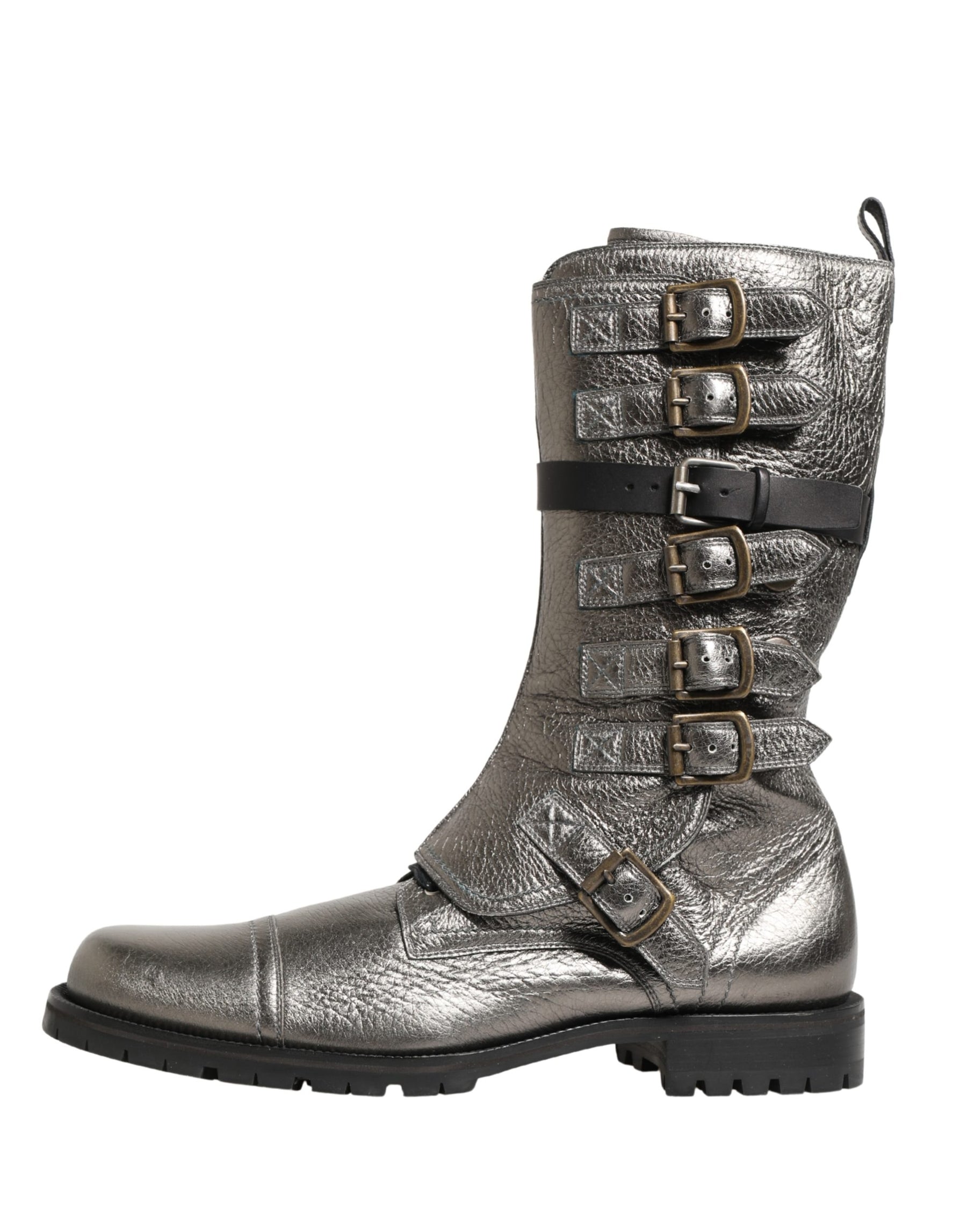 Dolce & Gabbana Metallic Silver Combat Biker Mid Calf Boots Shoes | Regal Royce