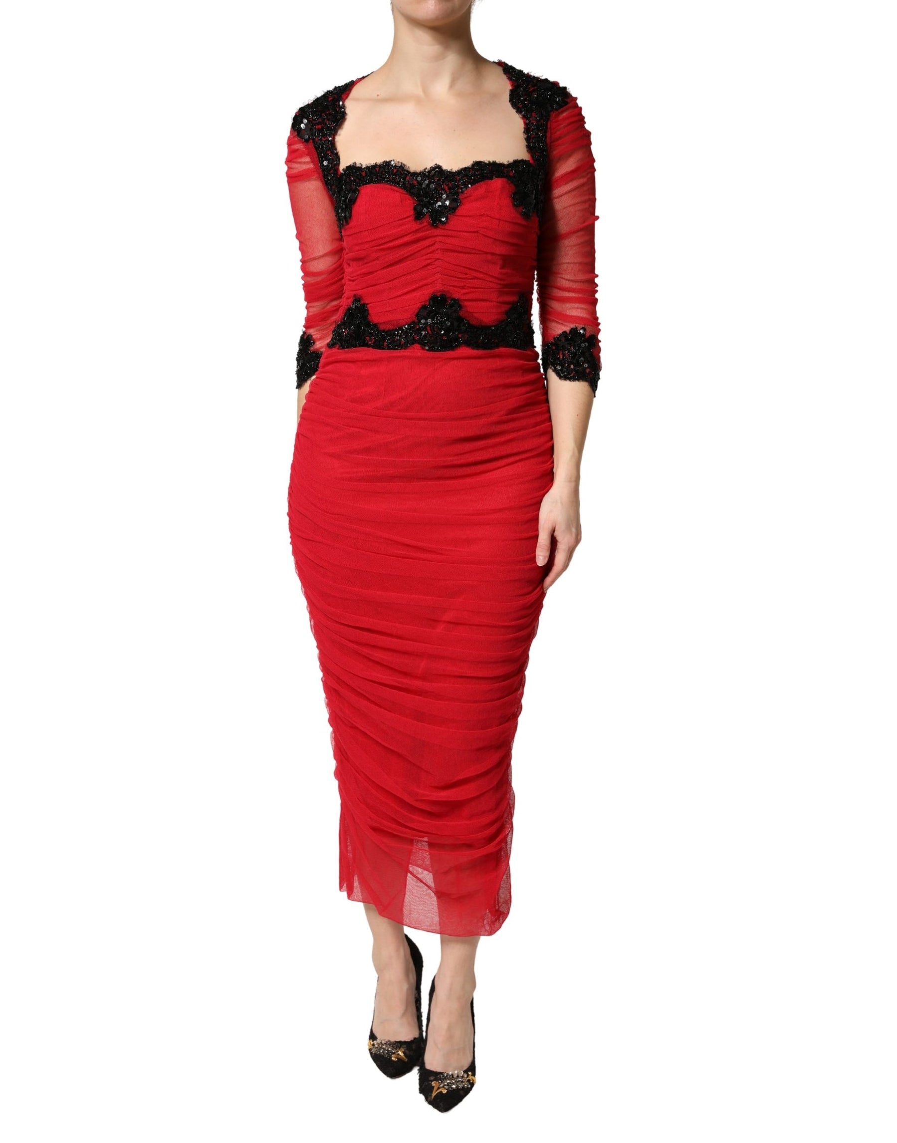 Dolce & Gabbana Red Mesh Trim Bodycon Sheath Midi Dress | Regal Royce