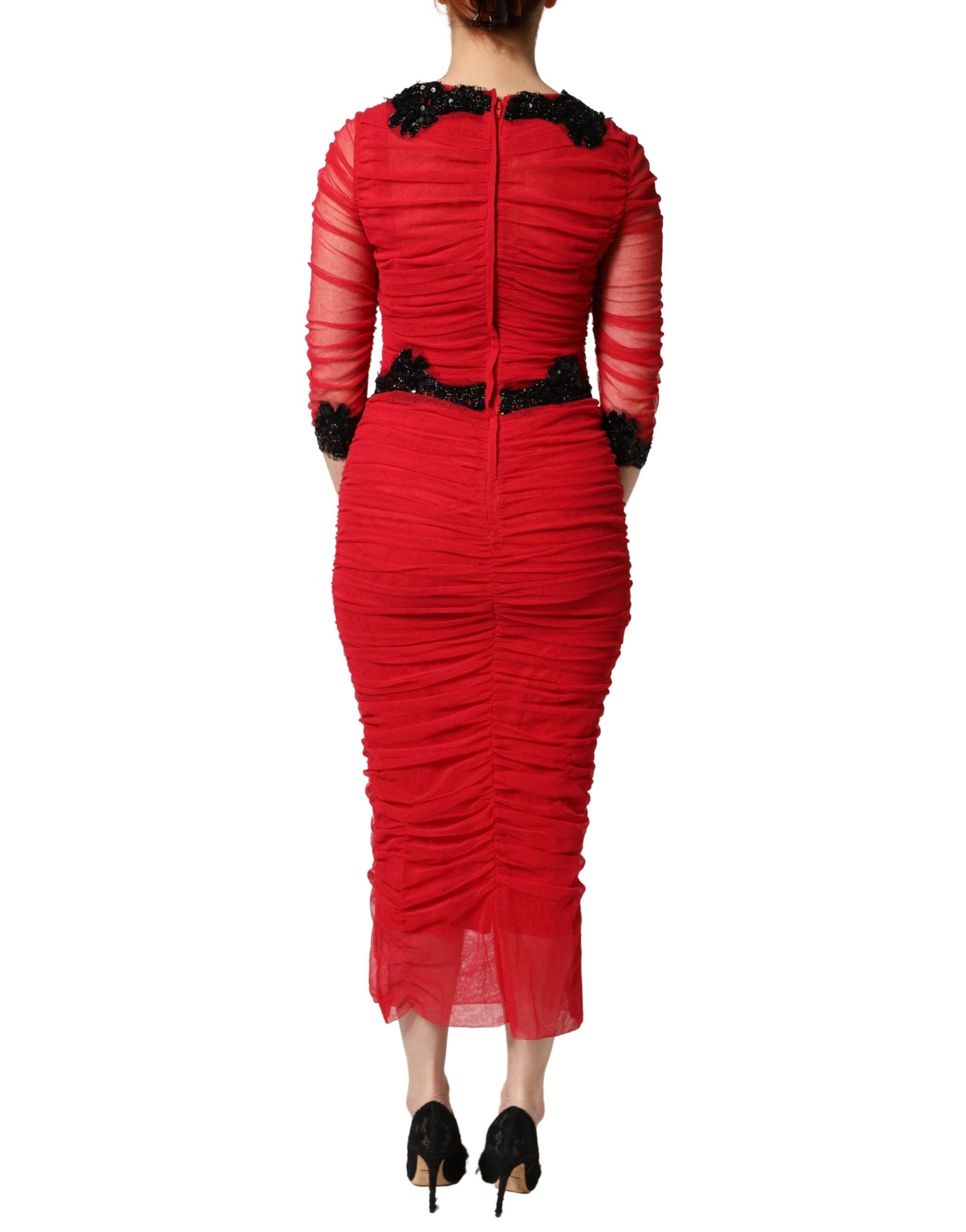 Dolce & Gabbana Red Mesh Trim Bodycon Sheath Midi Dress | Regal Royce