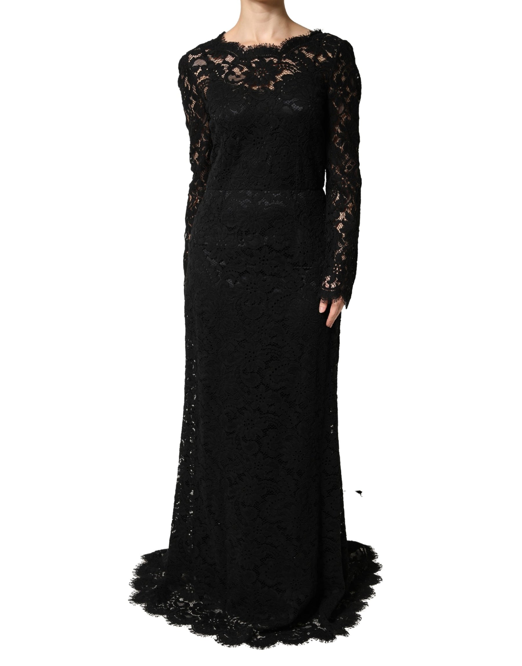 Dolce & Gabbana Black Lace Long Sleeves Cotton Maxi Dress | Regal Royce