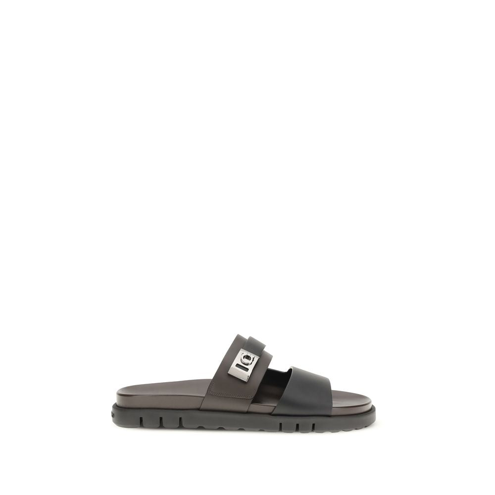 Ferragamo Black Calf Leather Bos Taurus Flat Sandals | Regal Royce