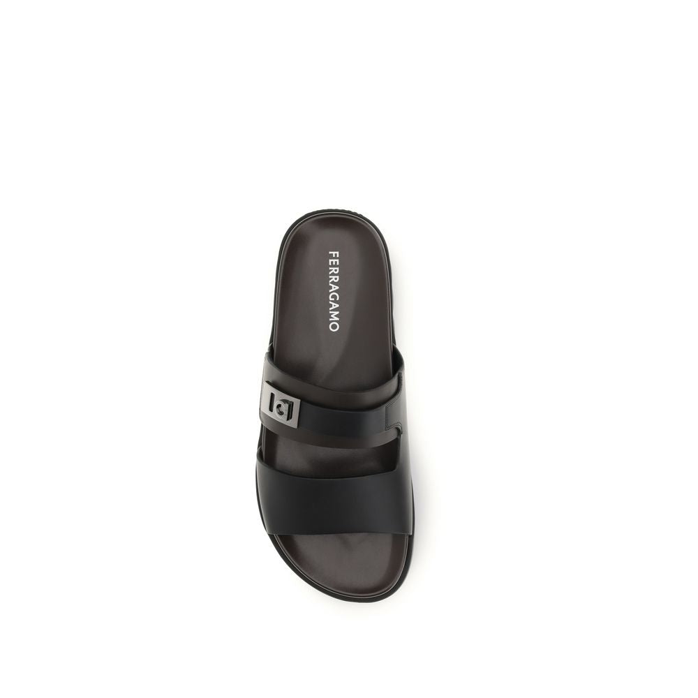 Ferragamo Black Calf Leather Bos Taurus Flat Sandals | Regal Royce