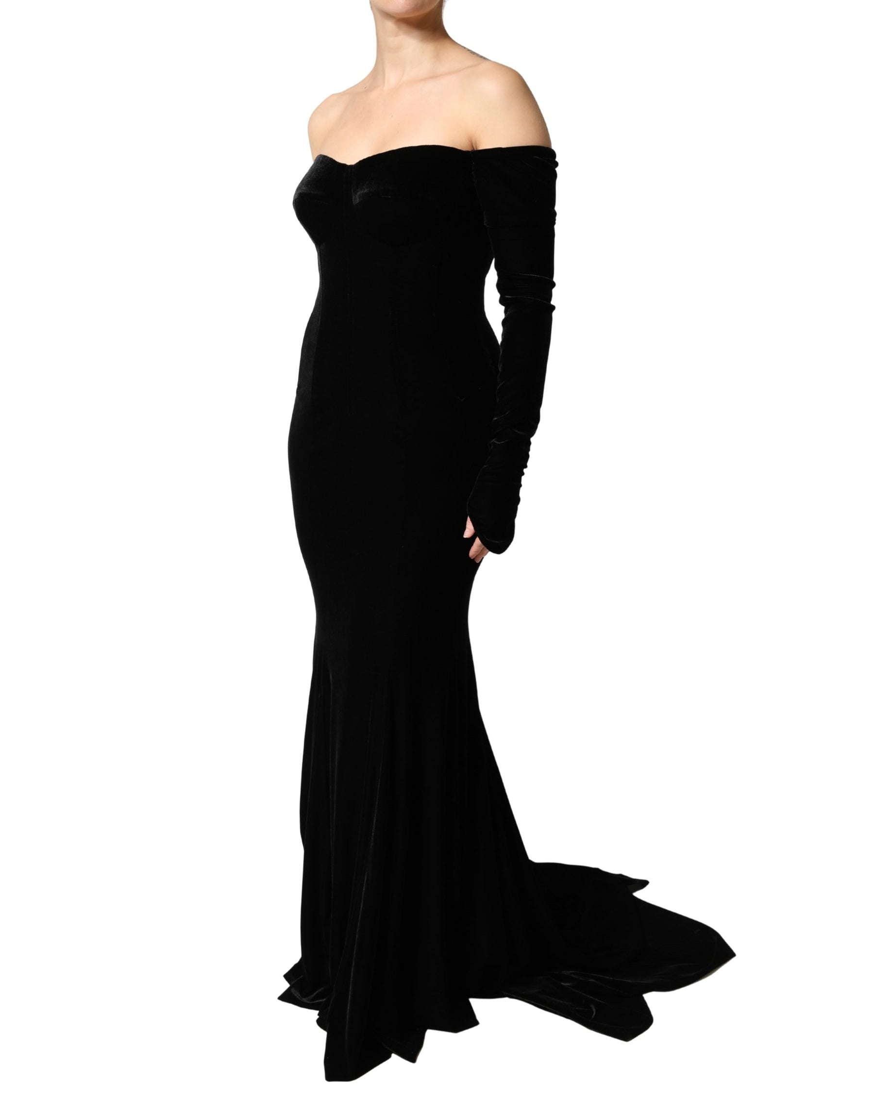 Dolce & Gabbana Black Off Shoulder Bodycon Long Gown Dress | Regal Royce
