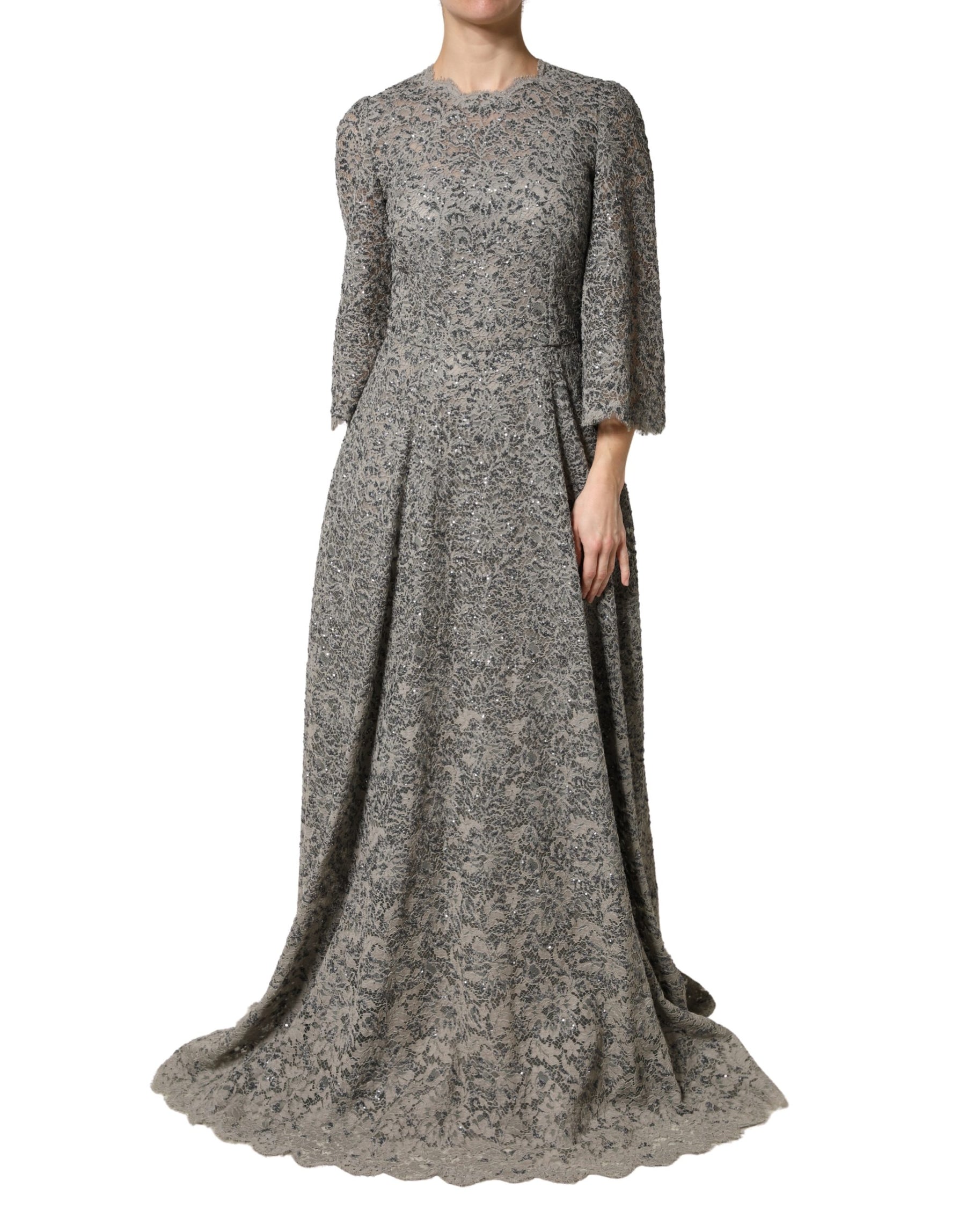 Dolce & Gabbana Gray Lace Long Sleeves Cotton Maxi Dress | Regal Royce