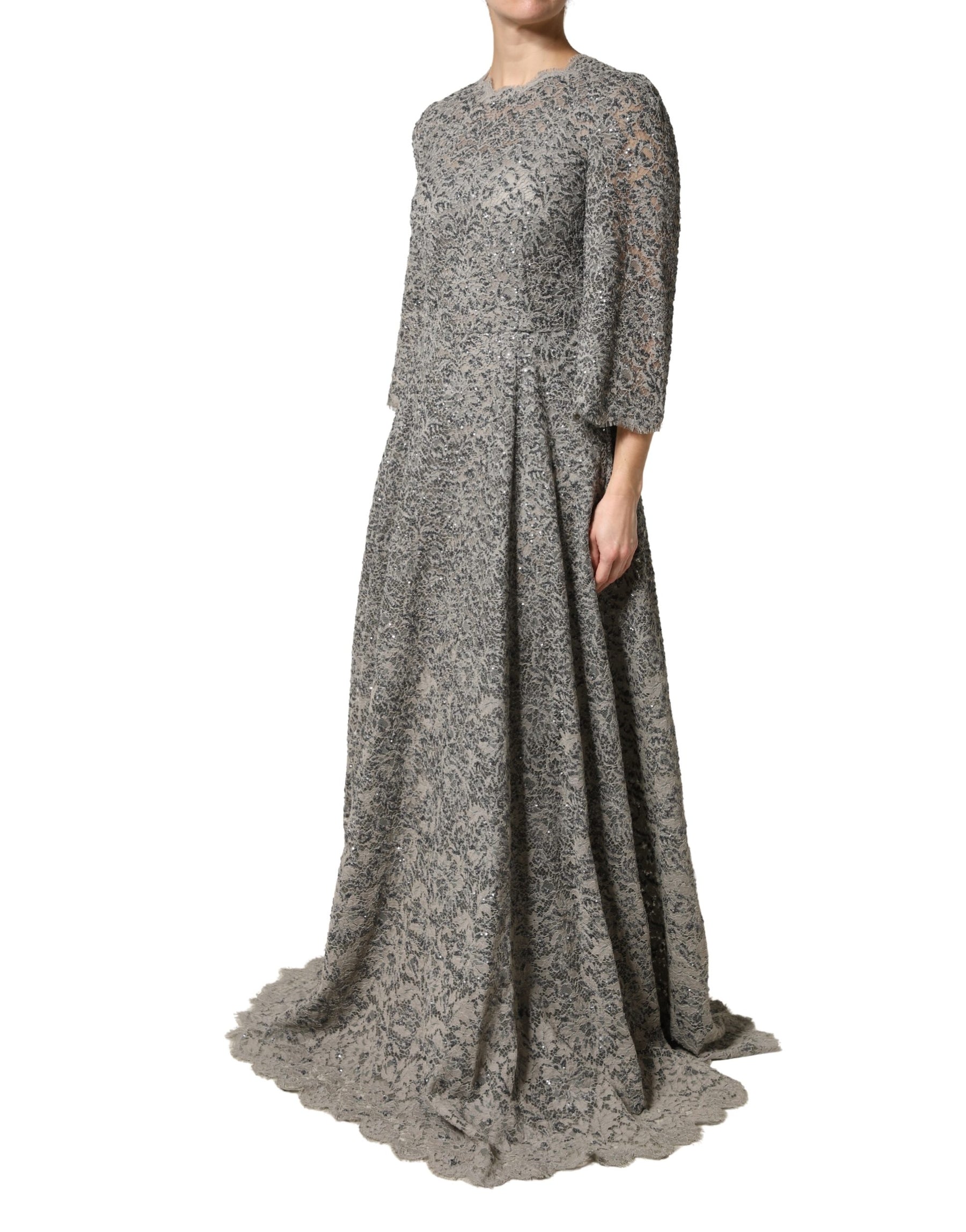 Dolce & Gabbana Gray Lace Long Sleeves Cotton Maxi Dress | Regal Royce