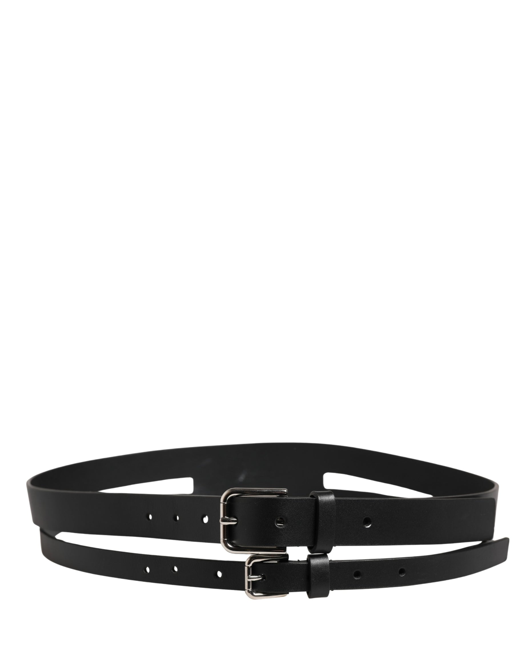 Dolce & Gabbana Black Double Strap Leather Silver Buckle Belt | Regal Royce