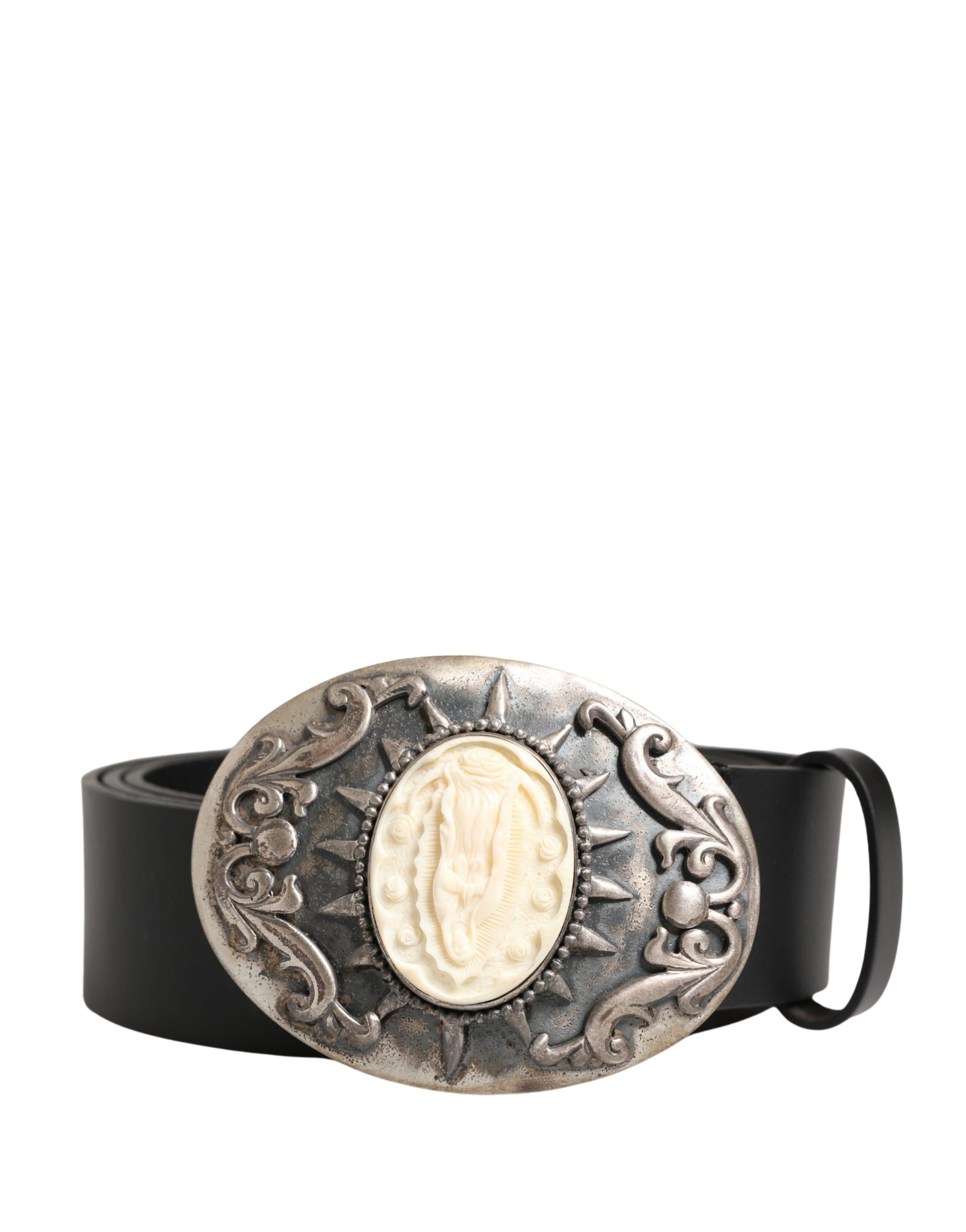 Dolce & Gabbana Black Calf Leather Ornate Metal Buckle Belt | Regal Royce