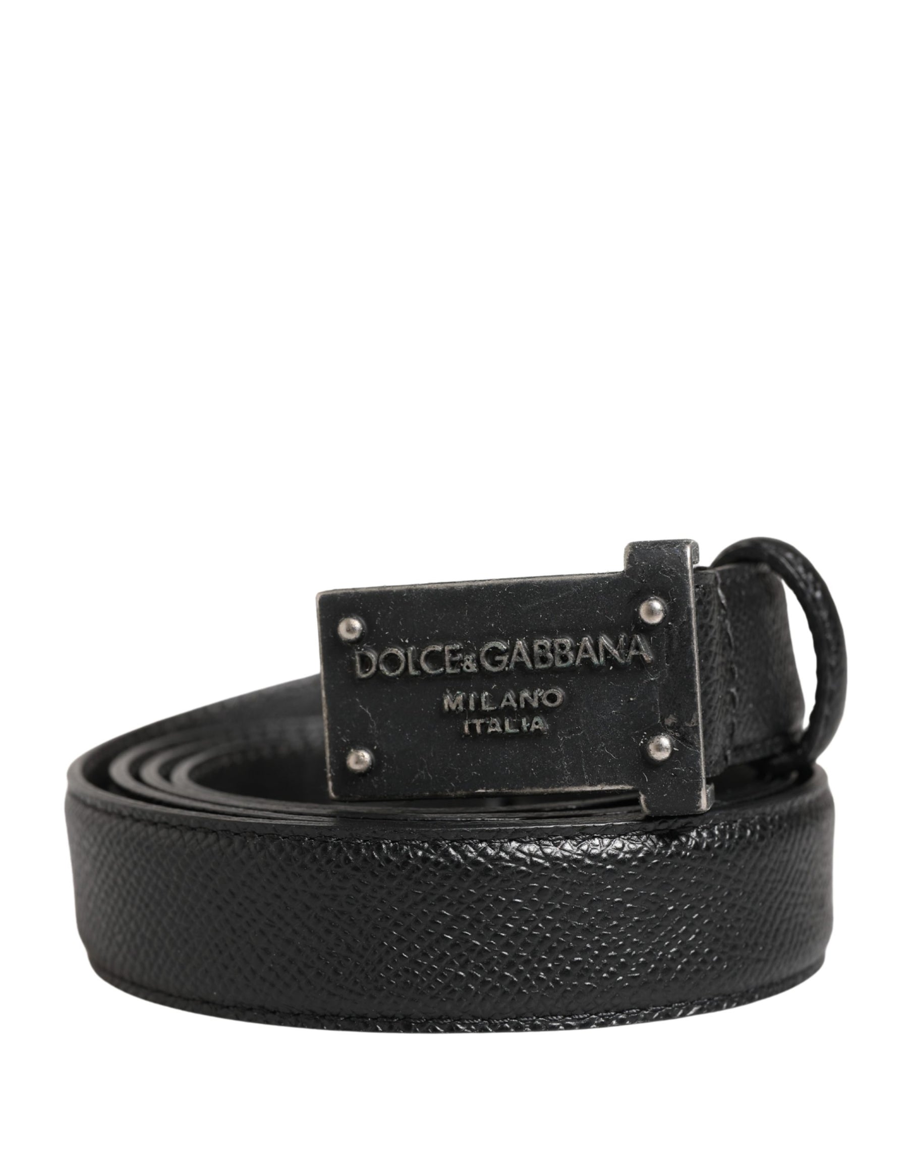 Dolce & Gabbana Men Black Calf Leather Logo Metal Buckle Belt | Regal Royce