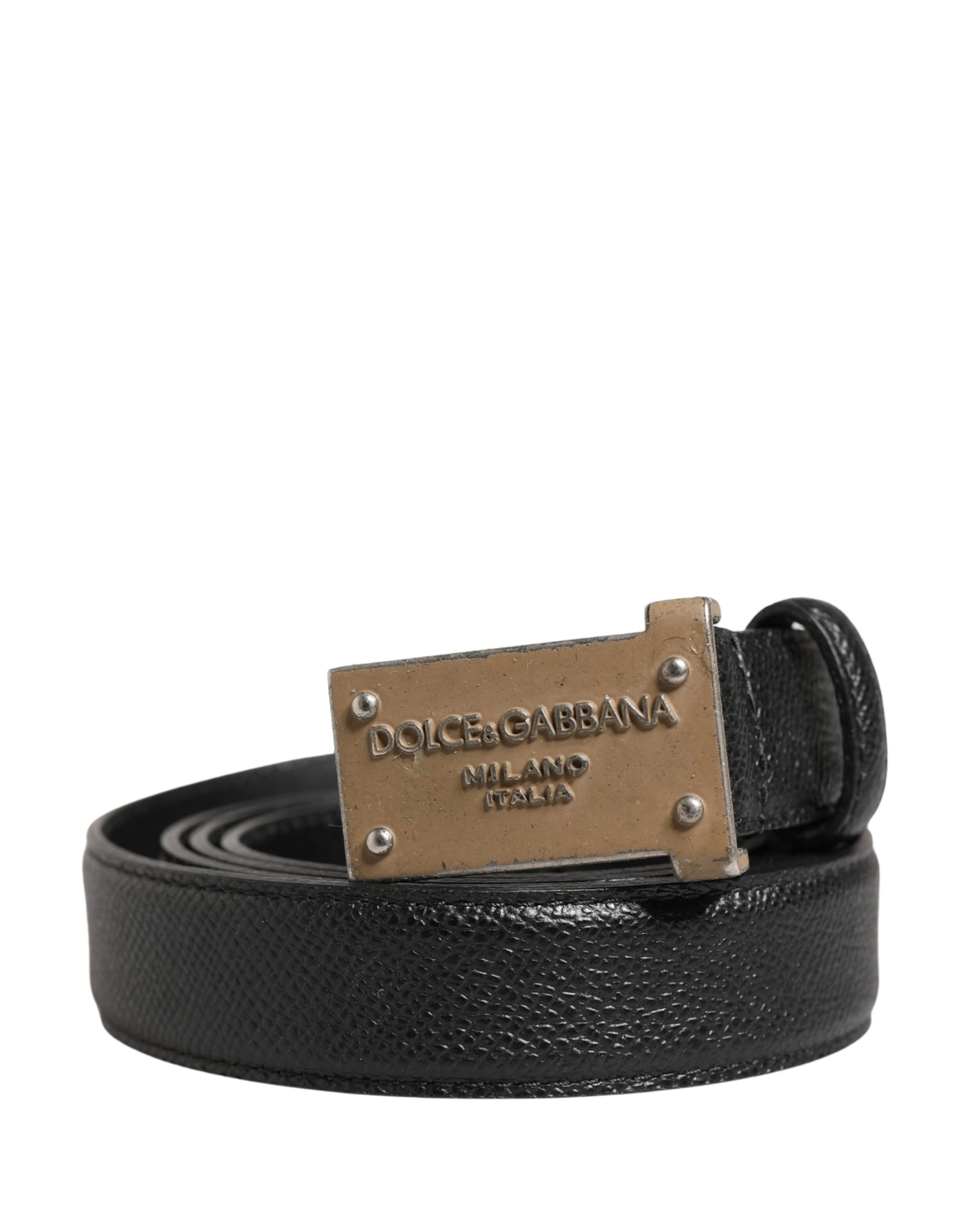 Dolce & Gabbana Men Black Calf Leather Logo Metal Buckle Belt | Regal Royce