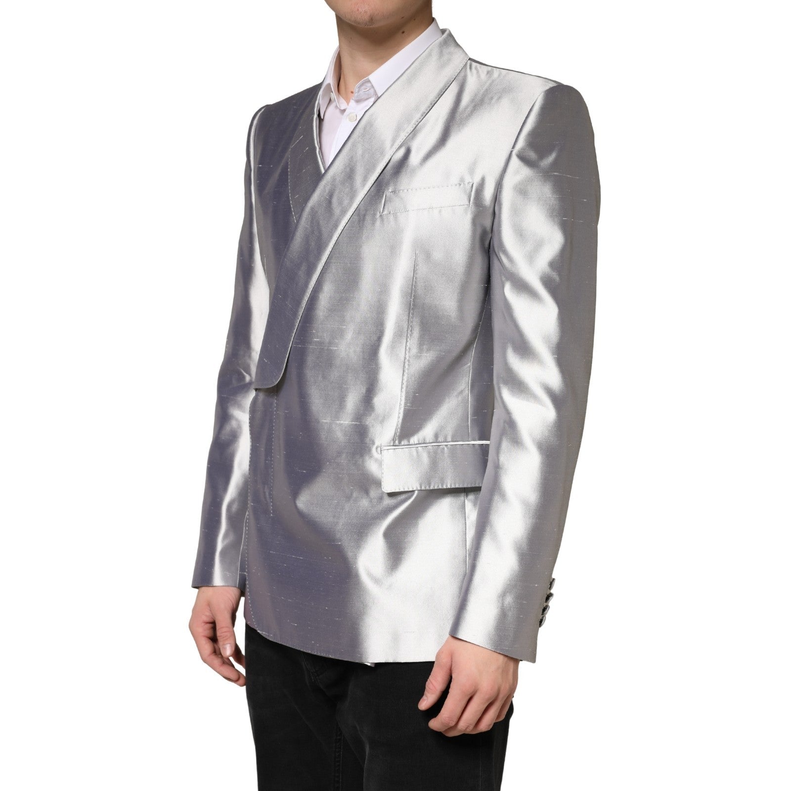 Dolce & Gabbana Silver SICILIA Silk Double Breasted Blazer | Regal Royce