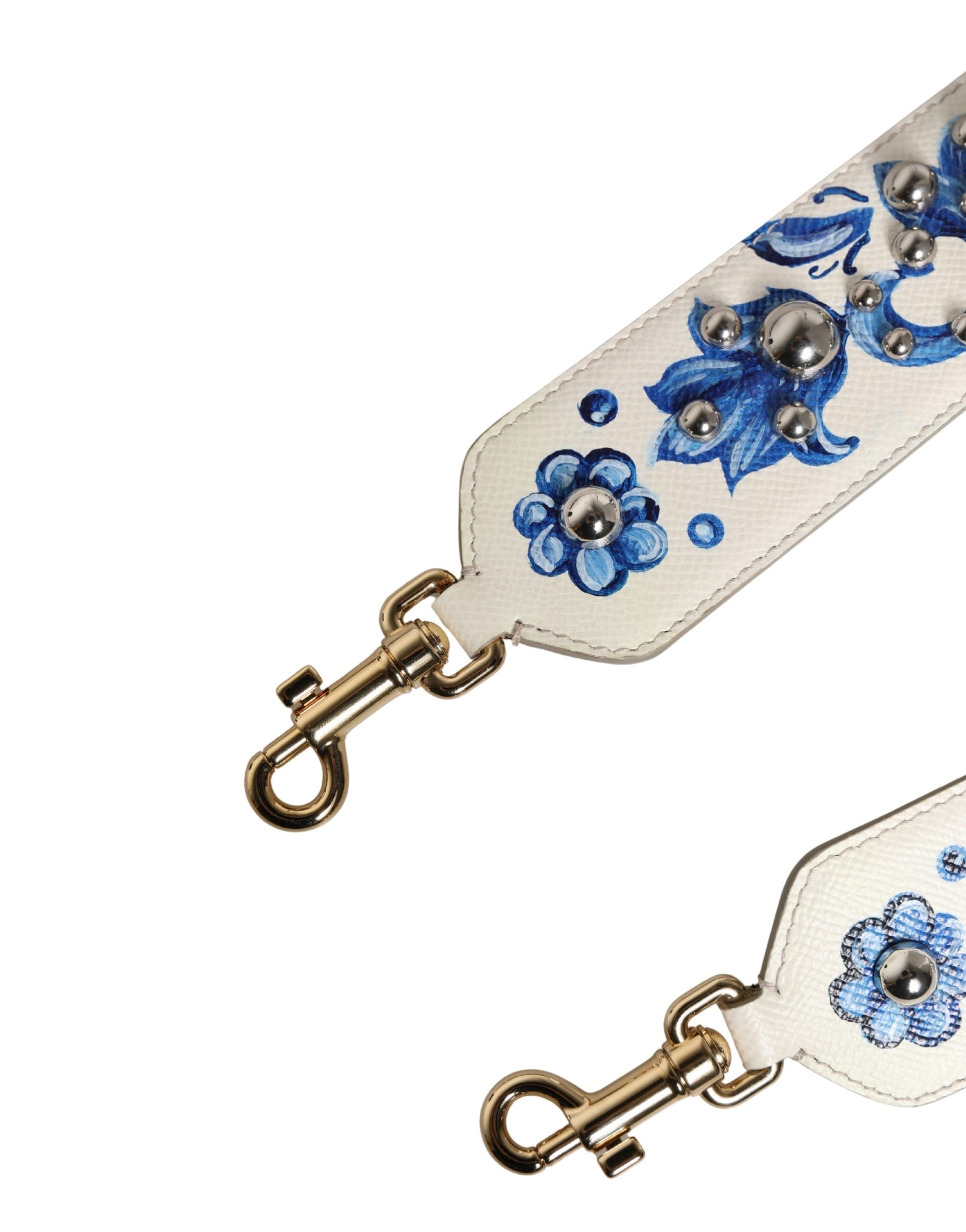 Dolce & Gabbana White Blue Floral Leather Stud Accessory Shoulder Strap | Regal Royce