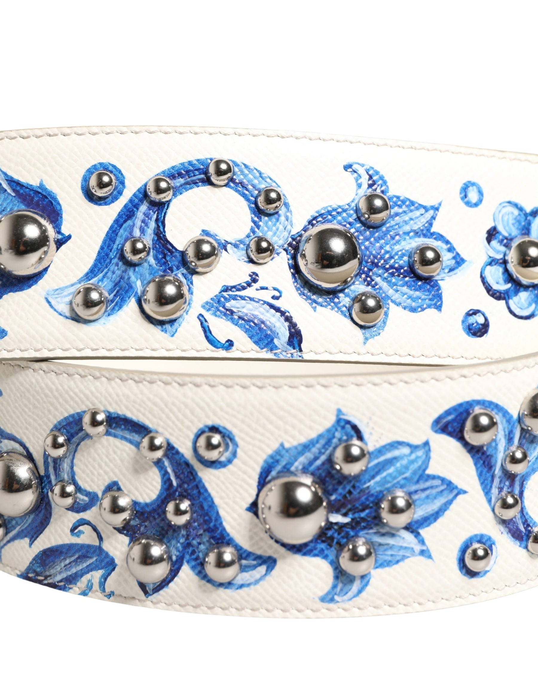 Dolce & Gabbana White Blue Floral Leather Stud Accessory Shoulder Strap | Regal Royce