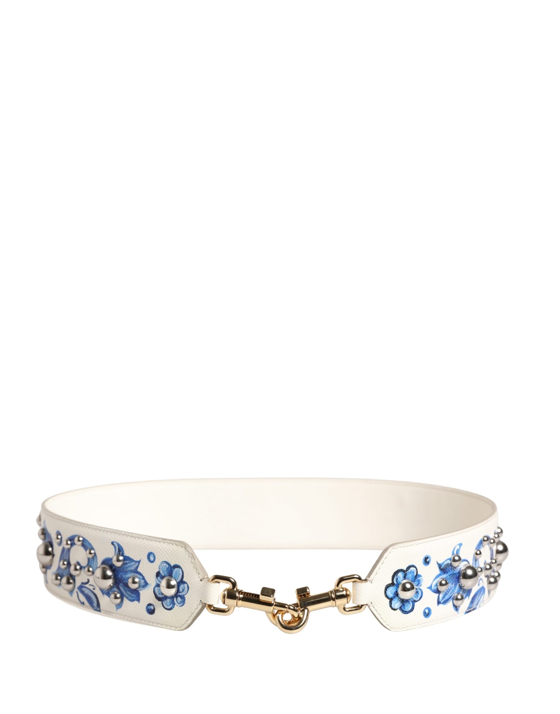 Dolce & Gabbana White Blue Floral Leather Stud Accessory Shoulder Strap | Regal Royce