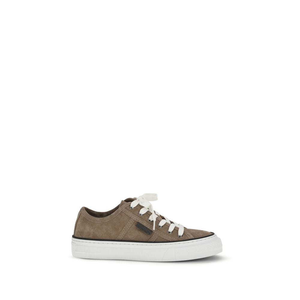 Brunello Cucinelli Beige Calf Leather Bos Taurus Low Top Sneakers | Regal Royce