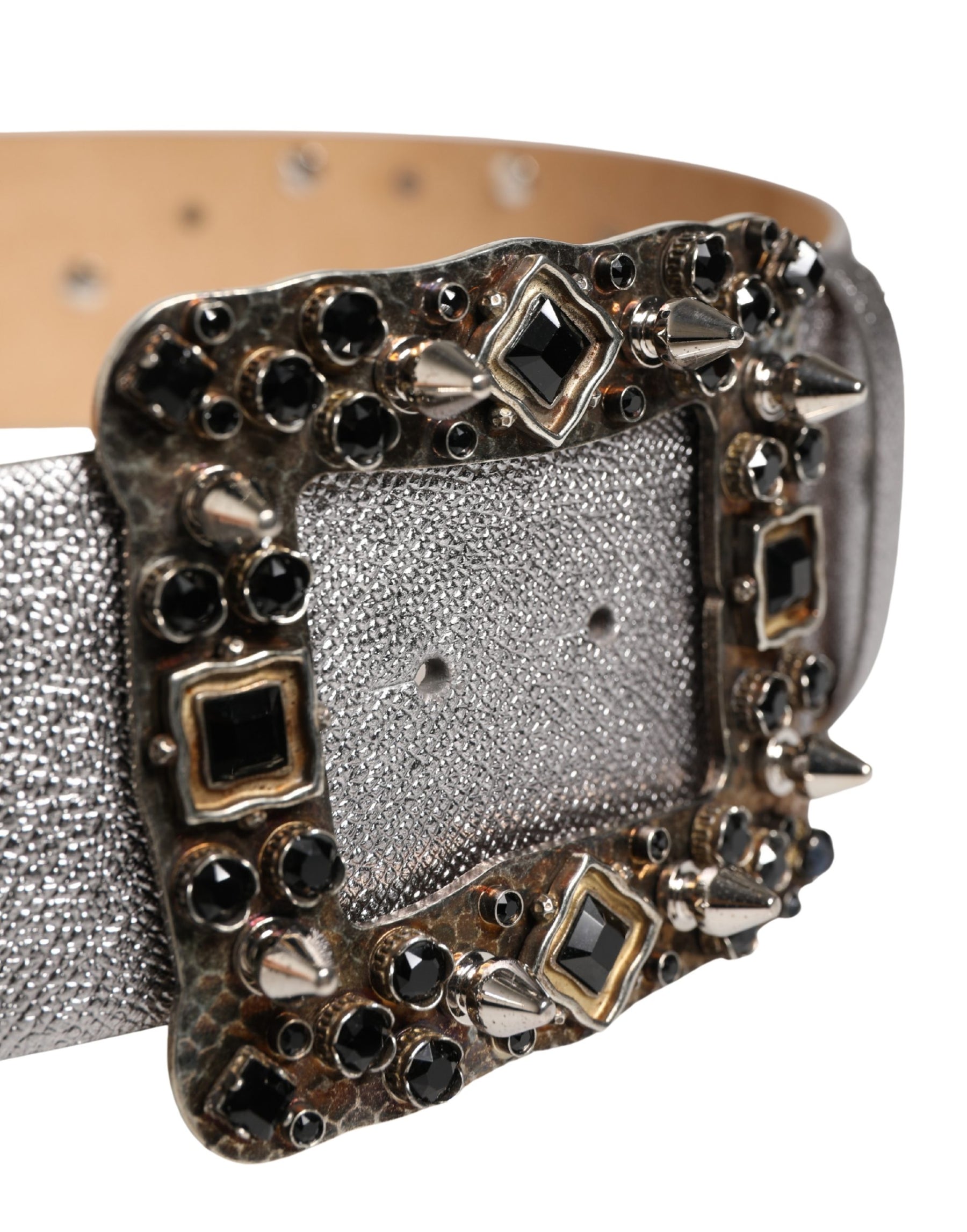 Dolce & Gabbana Silver Leather Crystal Metal Buckle Belt | Regal Royce