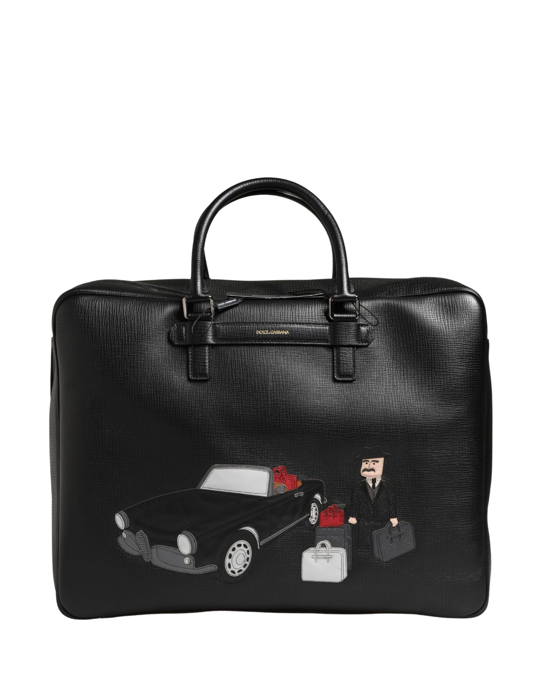 Dolce & Gabbana Black Car Man Applique Leather Weekender Borse Bag | Regal Royce