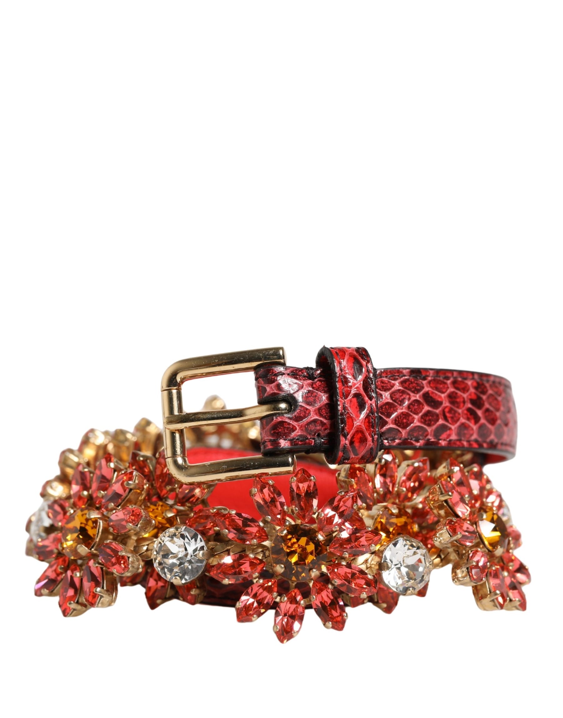 Dolce & Gabbana Red Leather Daisy Crystal Embellished Waist Belt | Regal Royce