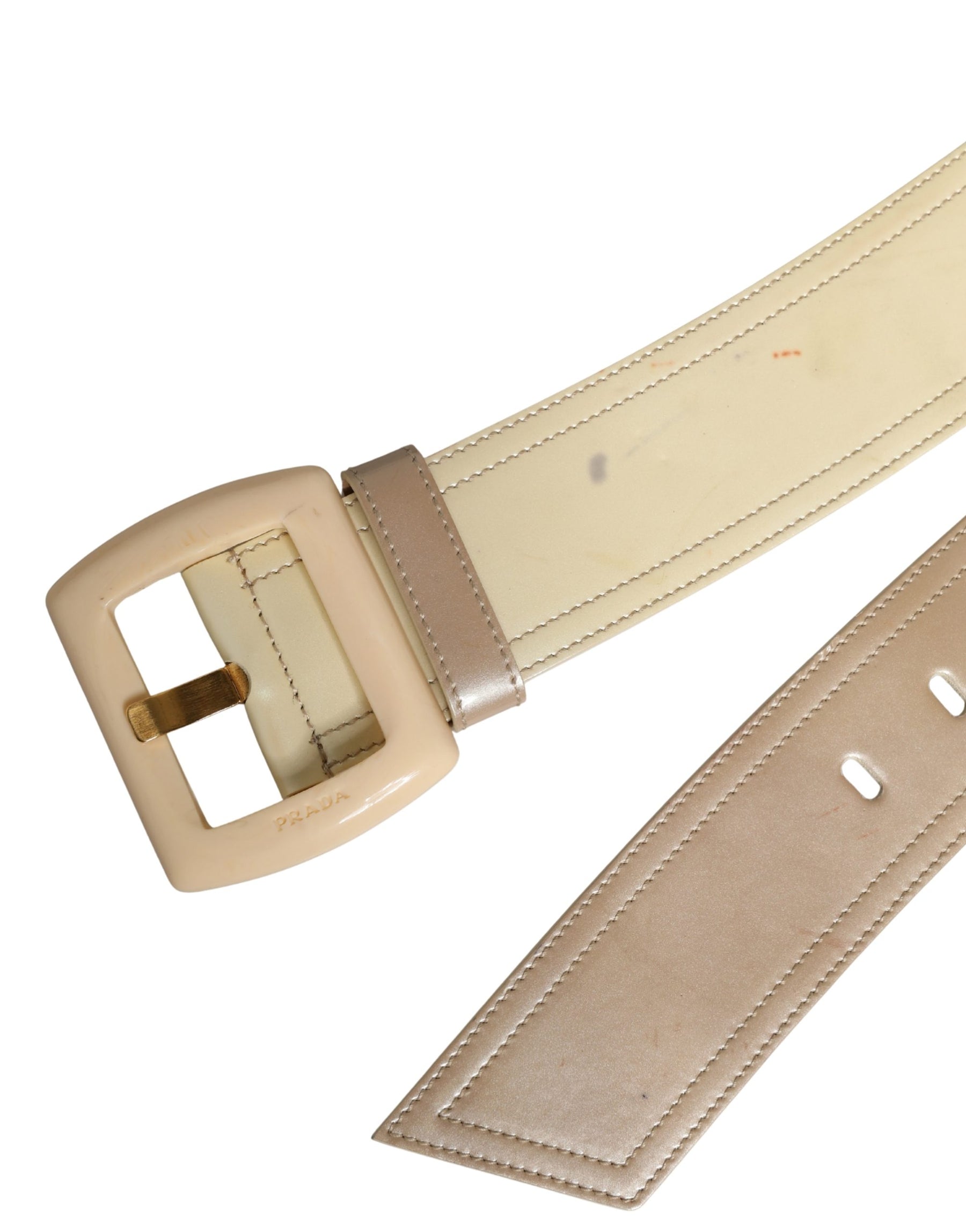 Prada Beige Leather Logo Wide Waist Women Square Buckle Belt | Regal Royce