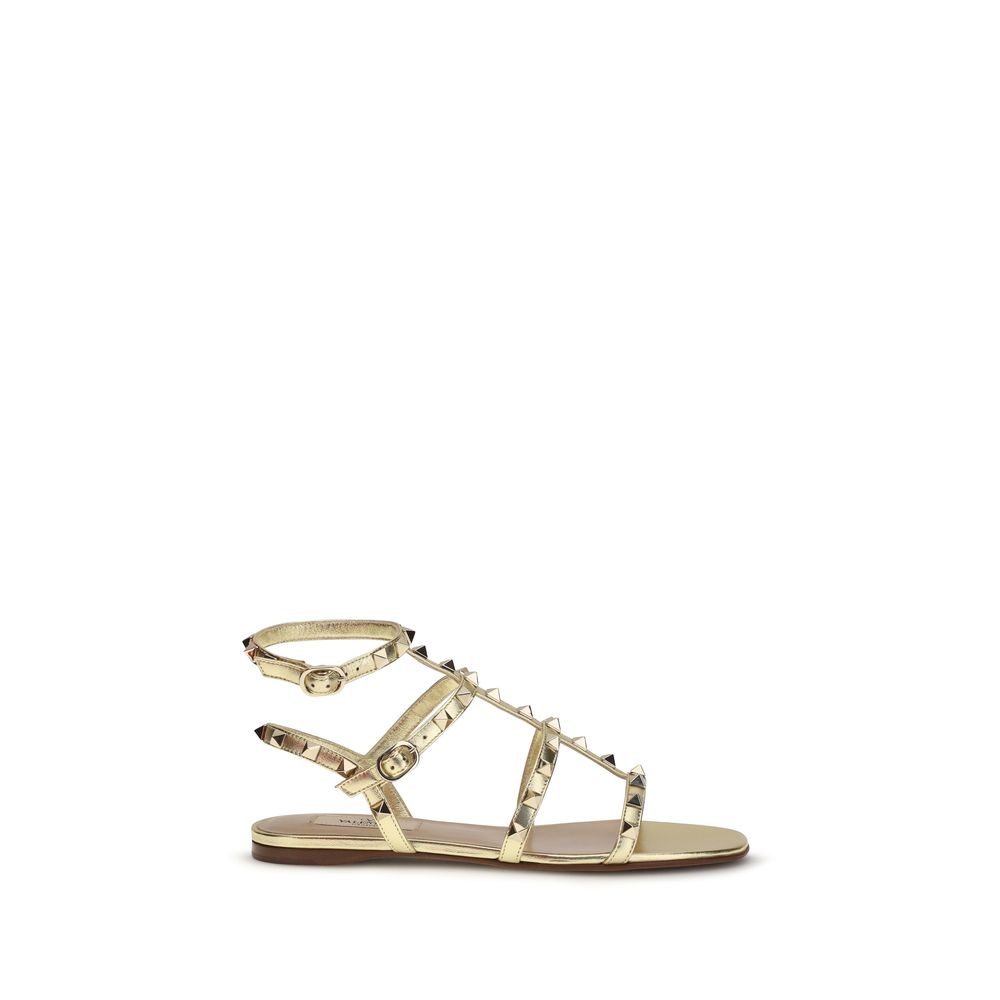 Valentino Garavani Gold Calf Leather Bos Taurus Flat Sandals | Regal Royce