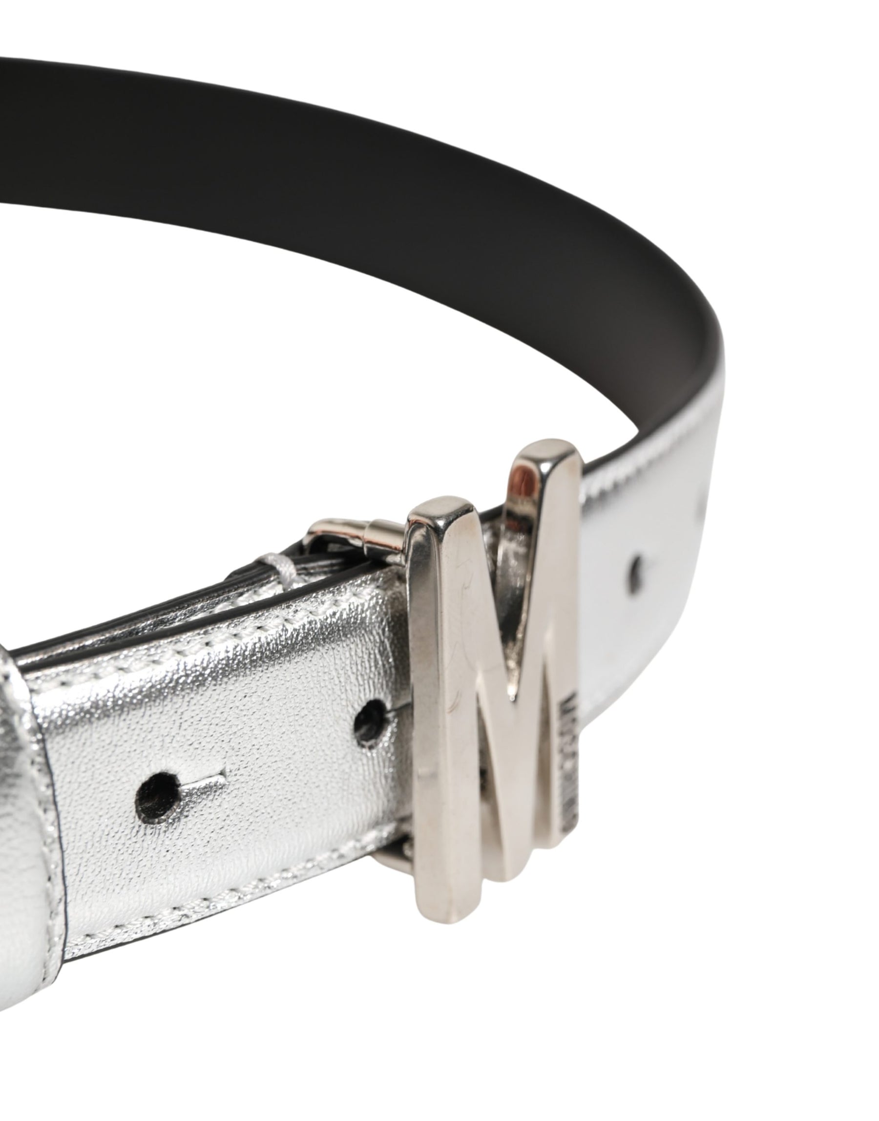 Moschino Couture Silver Leather Logo Metal Buckle Waist Belt | Regal Royce