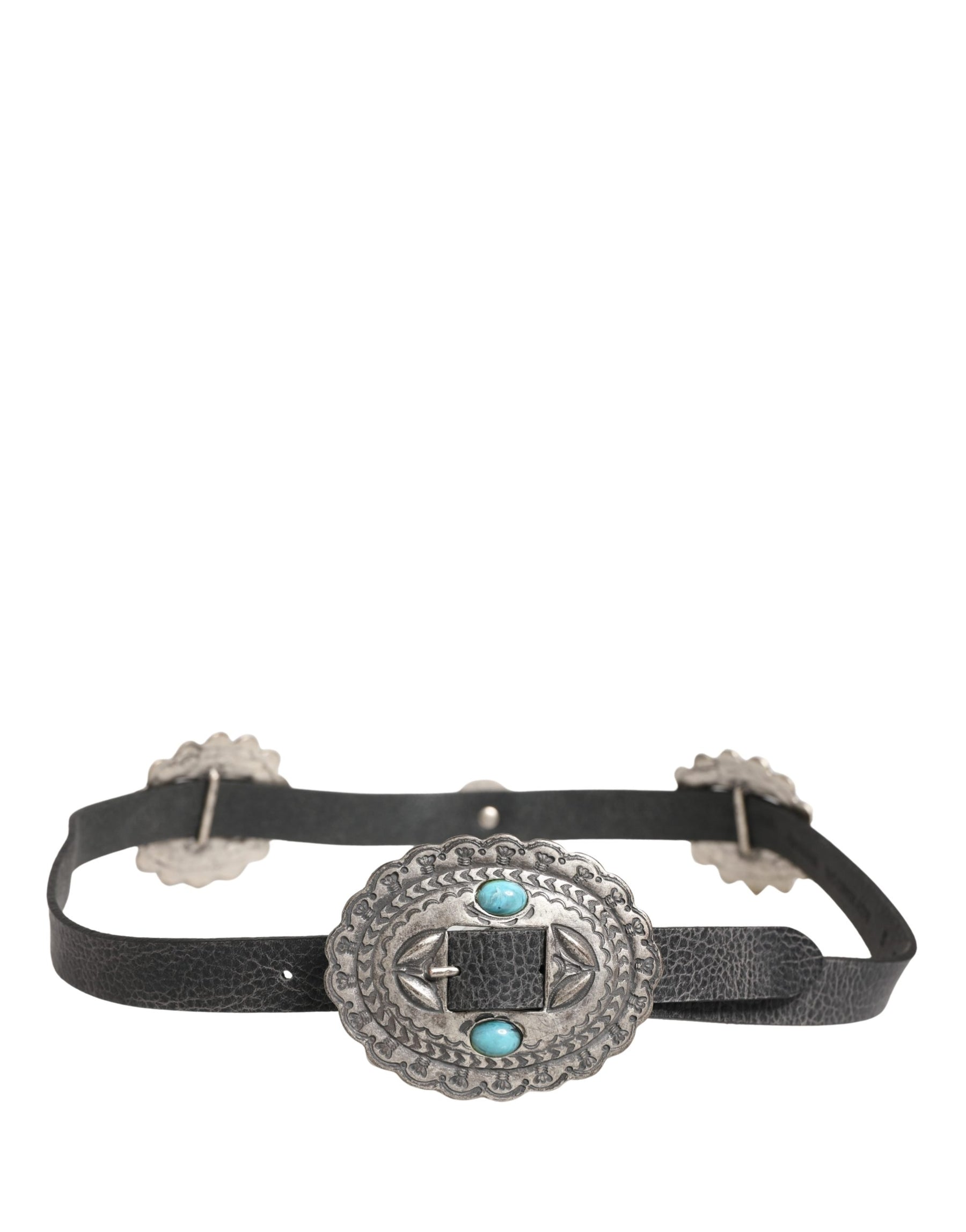 Cavalli Class Black Turquoise Leather Embellished Oval Buckle Belt | Regal Royce
