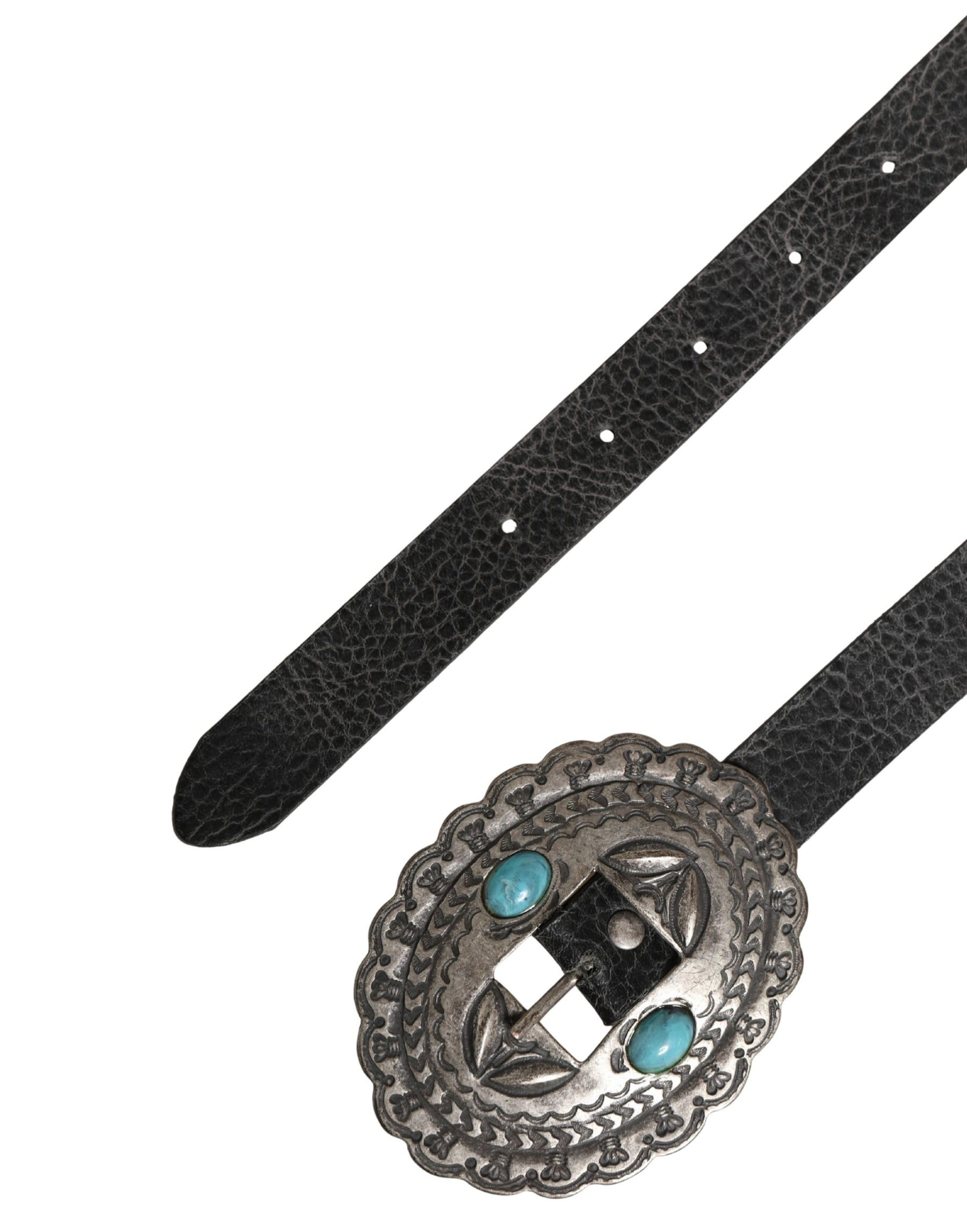 Cavalli Class Black Turquoise Leather Embellished Oval Buckle Belt | Regal Royce