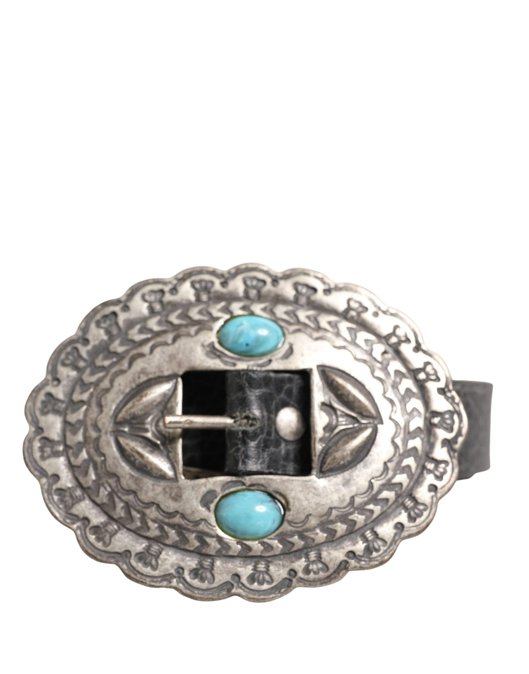 Cavalli Class Black Turquoise Leather Embellished Oval Buckle Belt | Regal Royce