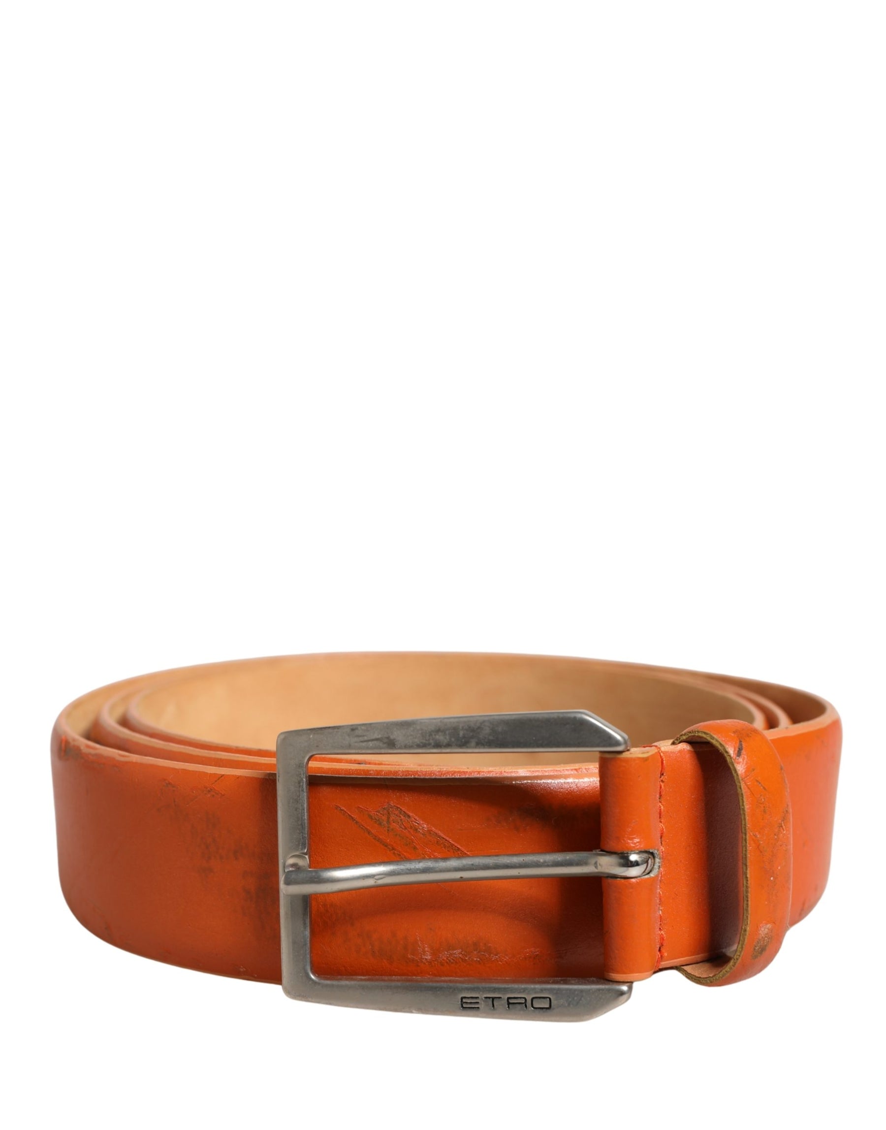 Etro Orange Genuine Leather Silver Metal Buckle Waist Belt | Regal Royce