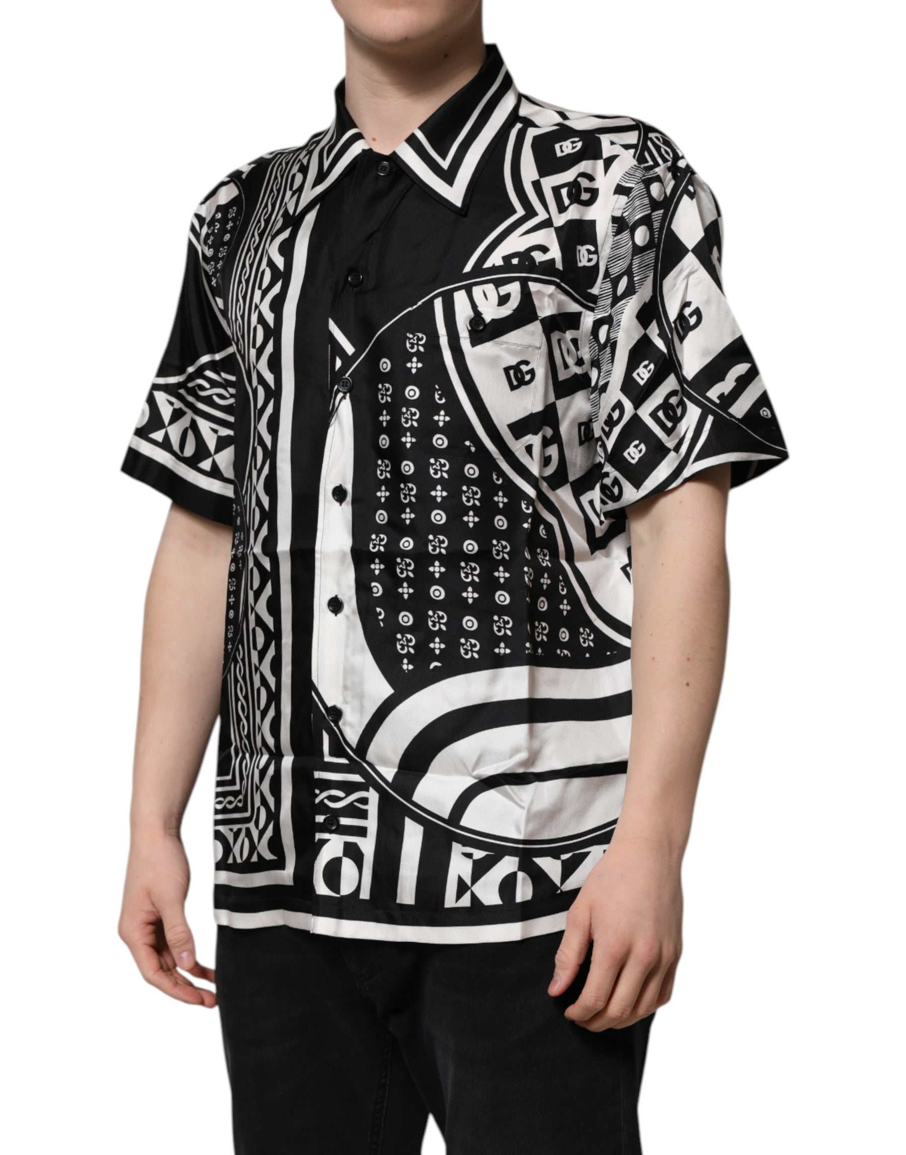 Dolce & Gabbana Black Silk Logo Print Short Sleeves Shirt | Regal Royce